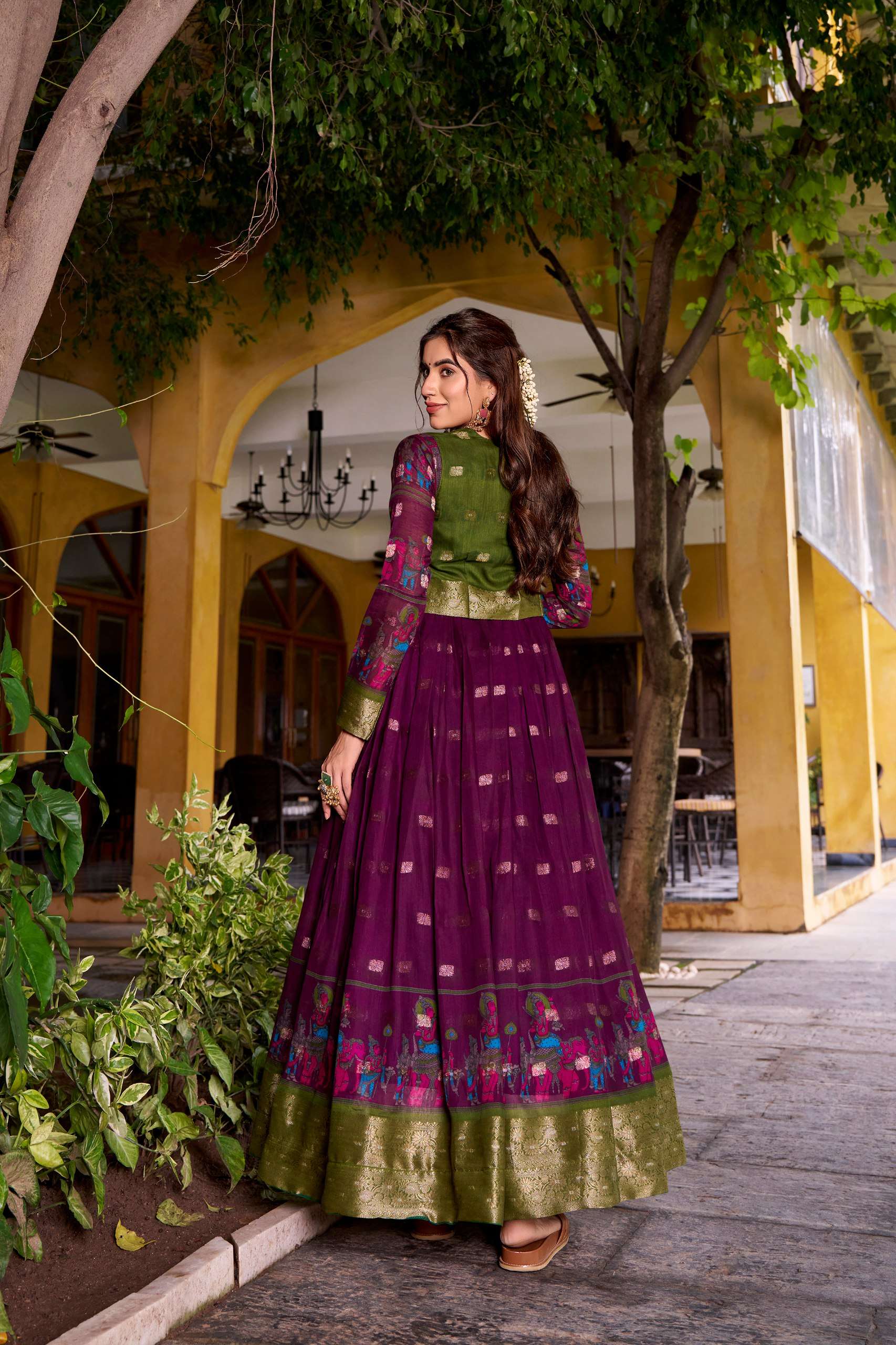 BANDHANI PALACE TANIRA 5034 POLYESTER VISCOSE CHANDERI PRINTED ZARI WEAVING WORK READYMADE STITCHED GOWN