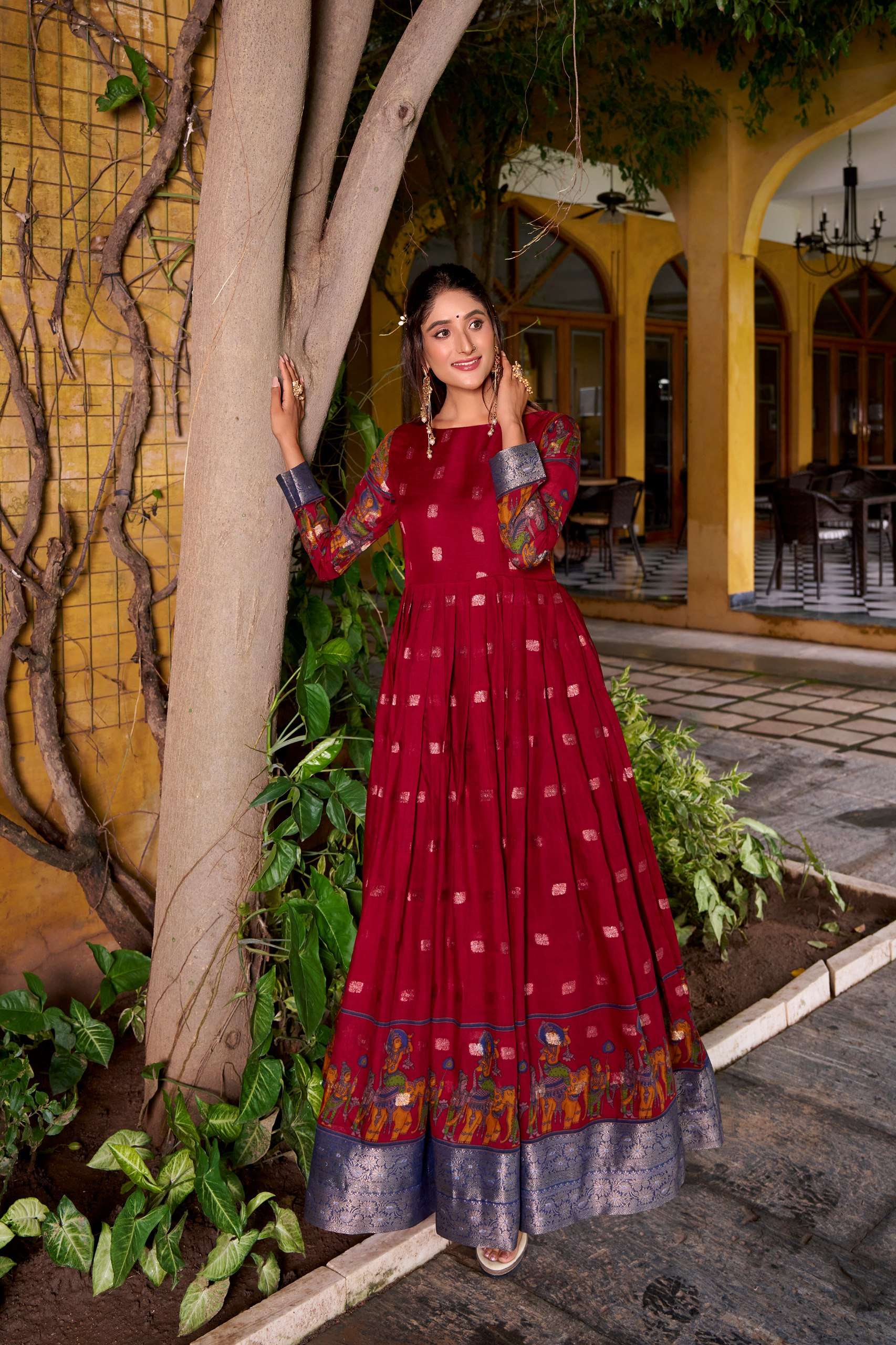 BANDHANI PALACE TANIRA 5034 POLYESTER VISCOSE CHANDERI PRINTED ZARI WEAVING WORK READYMADE STITCHED GOWN