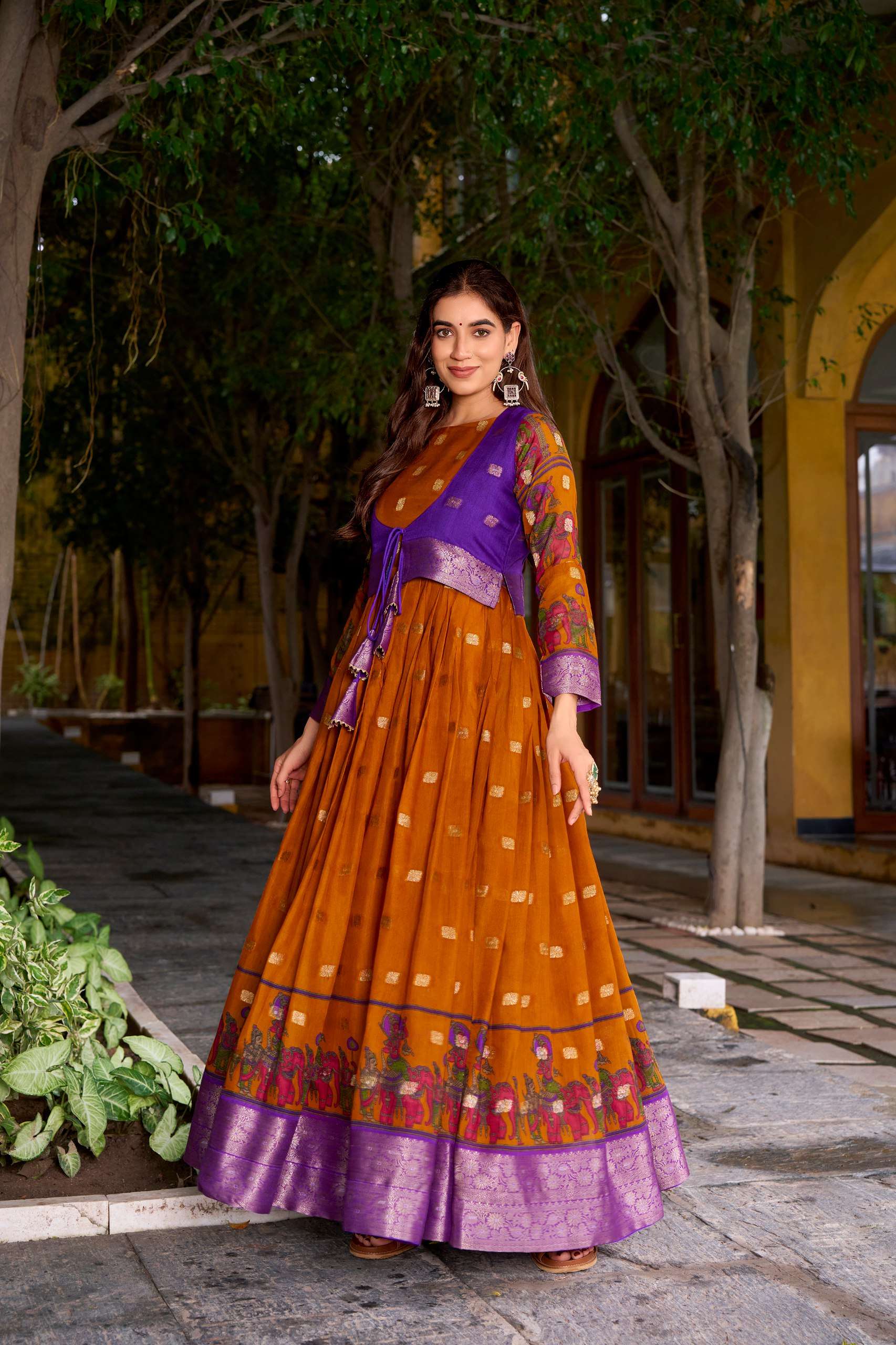 BANDHANI PALACE TANIRA 5034 POLYESTER VISCOSE CHANDERI PRINTED ZARI WEAVING WORK READYMADE STITCHED GOWN