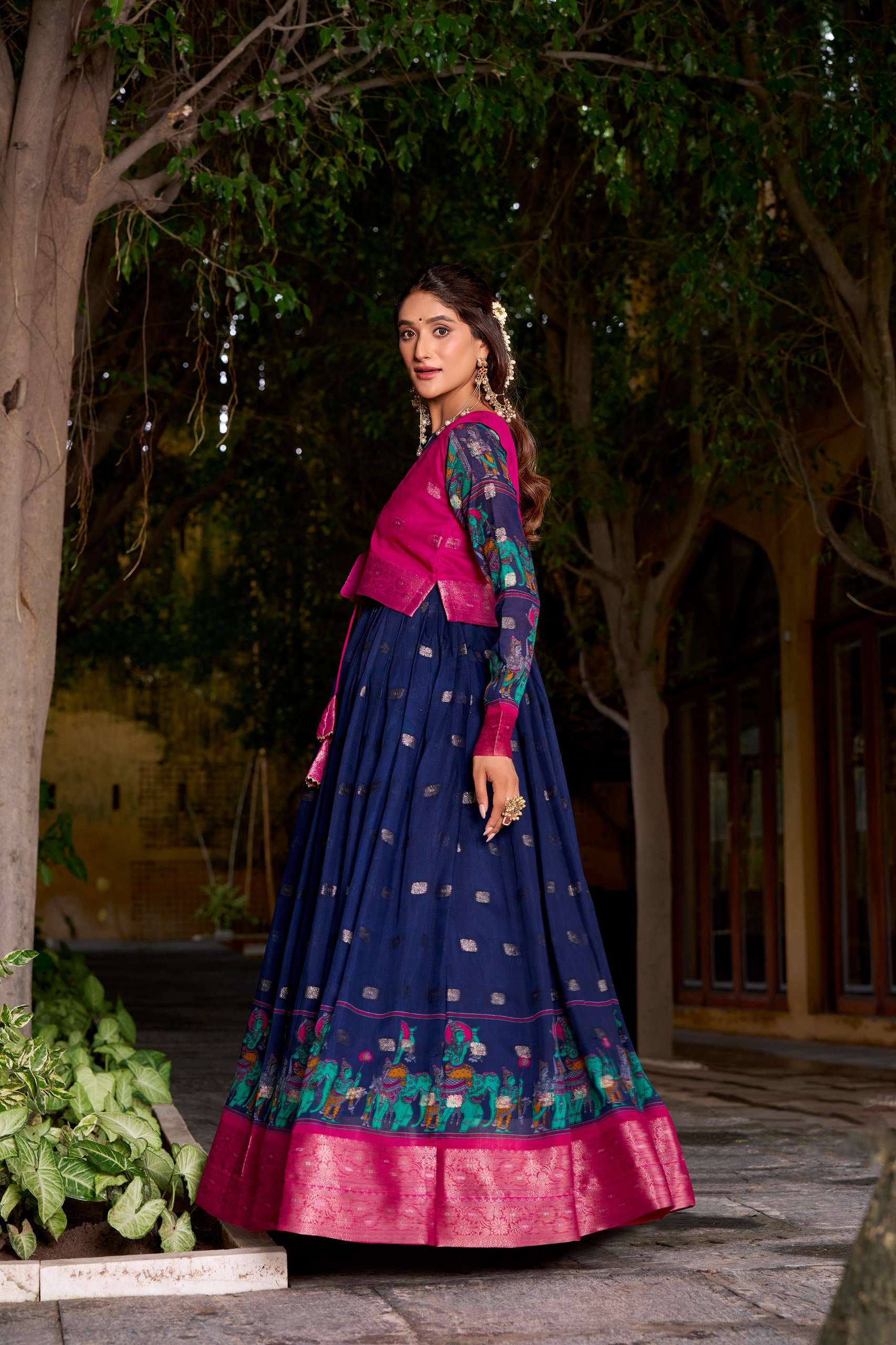 BANDHANI PALACE TANIRA 5034 POLYESTER VISCOSE CHANDERI PRINTED ZARI WEAVING WORK READYMADE STITCHED GOWN