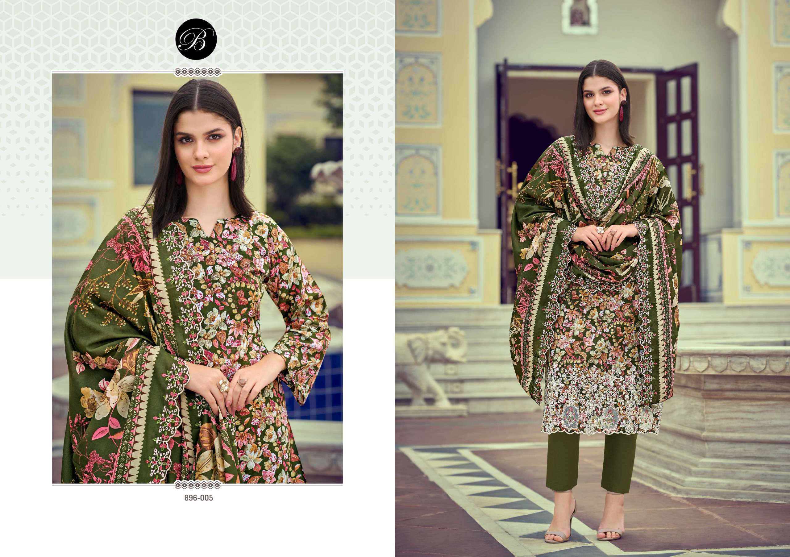BELLIZA DESIGNER STUDIO MANOHARI COTTON DIGITAL PRINTS WITH FANCY WORK SUIT