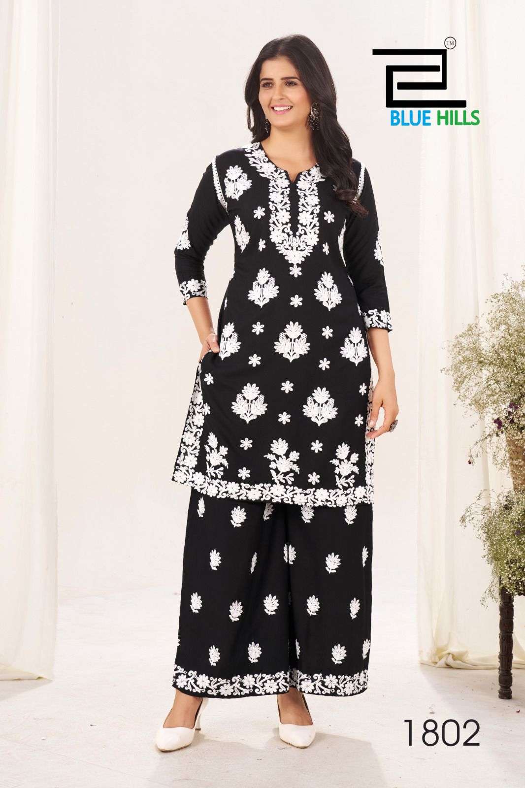 BLUE HILLS BLACK AND WHITE VOL 18 RAYON FANCY WORKS LADIES KURTI WITH PLAZZO PAIR 