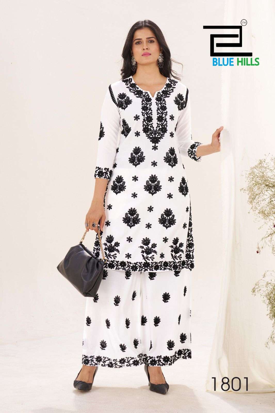 BLUE HILLS BLACK AND WHITE VOL 18 RAYON FANCY WORKS LADIES KURTI WITH PLAZZO PAIR 