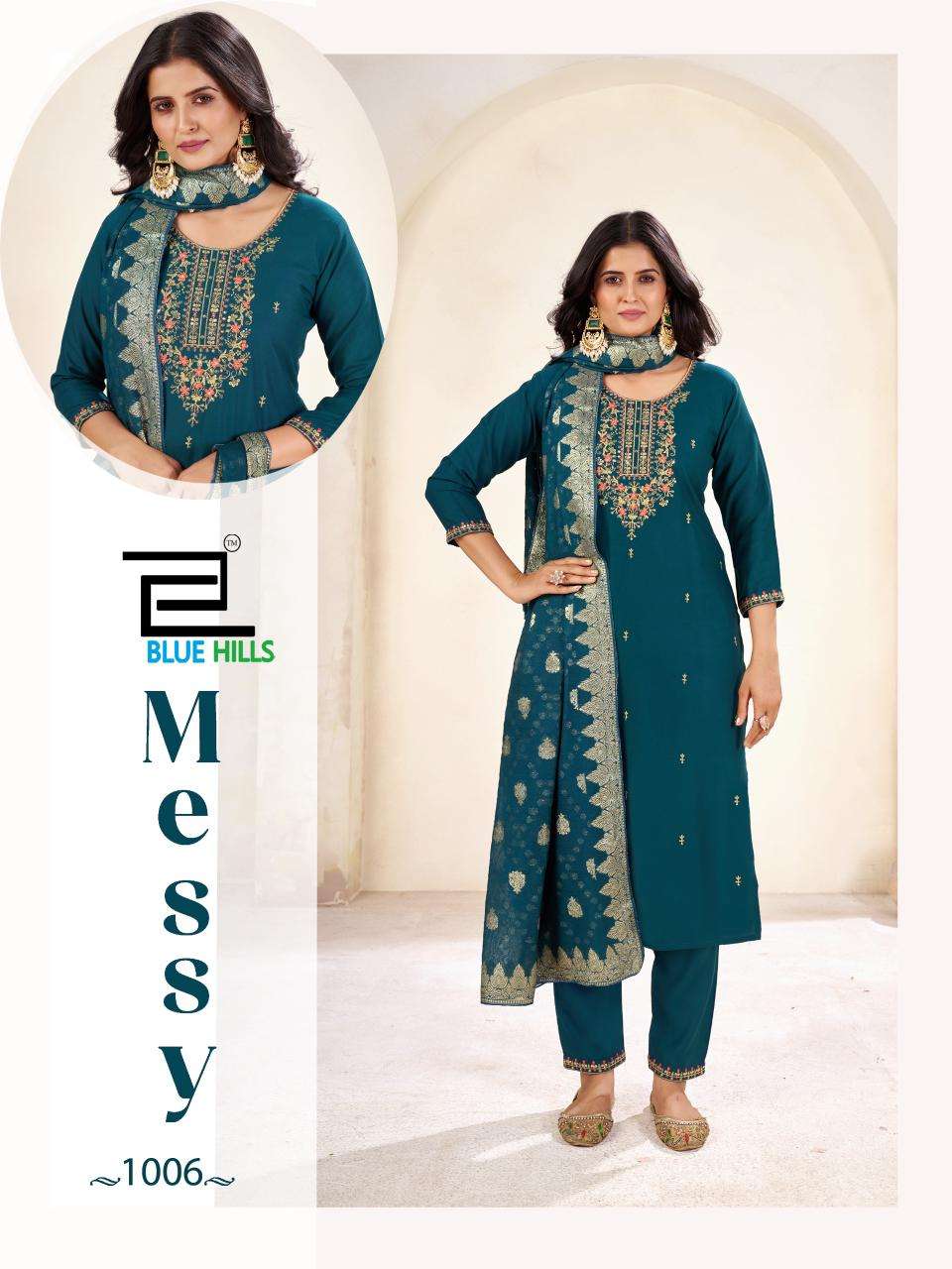 BLUE HILLS MESSY RAYON FANCY WORKS LADIES KURTI BOTTOM AND DUPATTA SET 