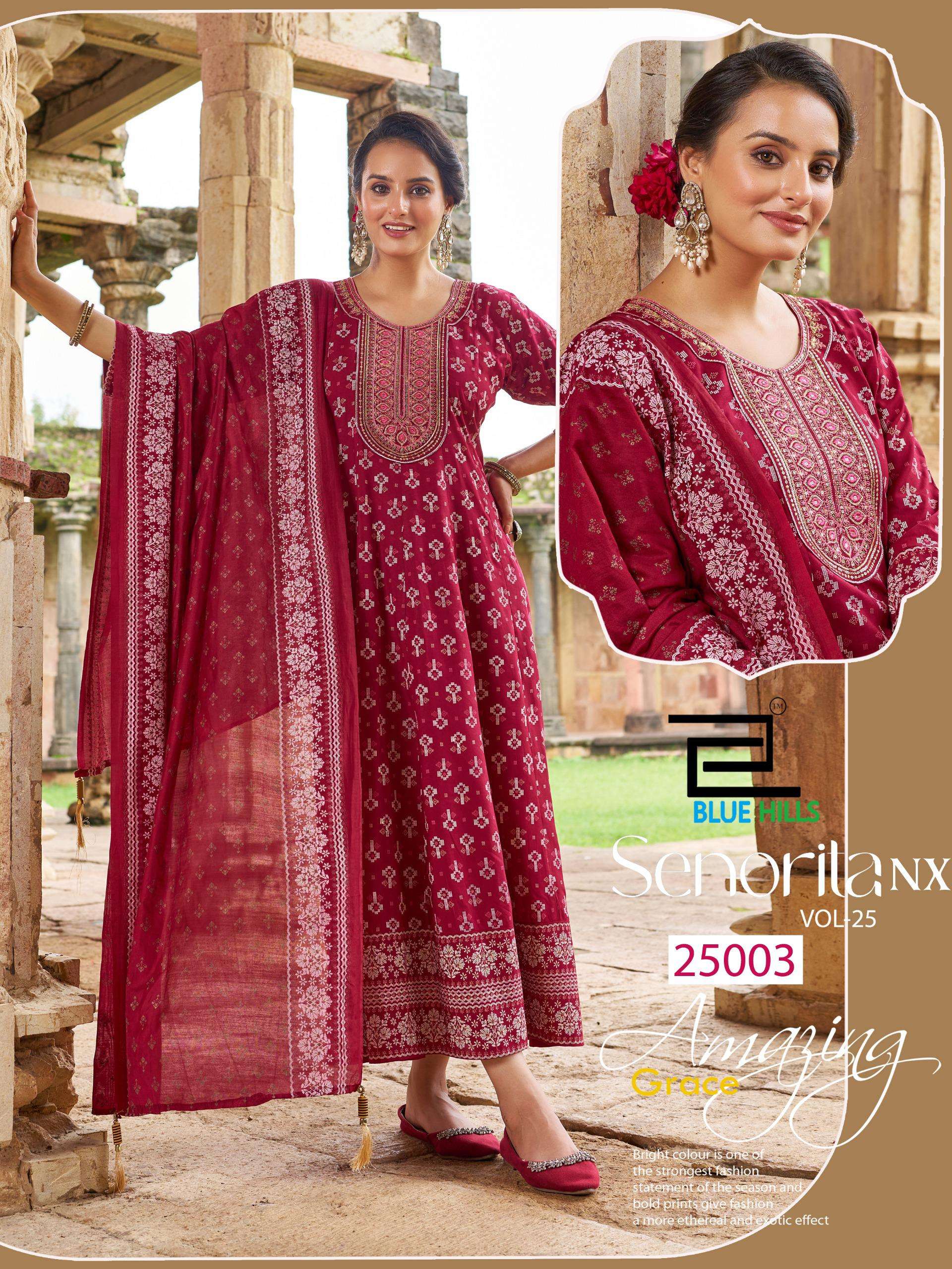 BLUE HILLS SENORITA VOL 25	NX RAYON FOIL PRINT ANARKALI GOWN WITH DUPATTA SET 