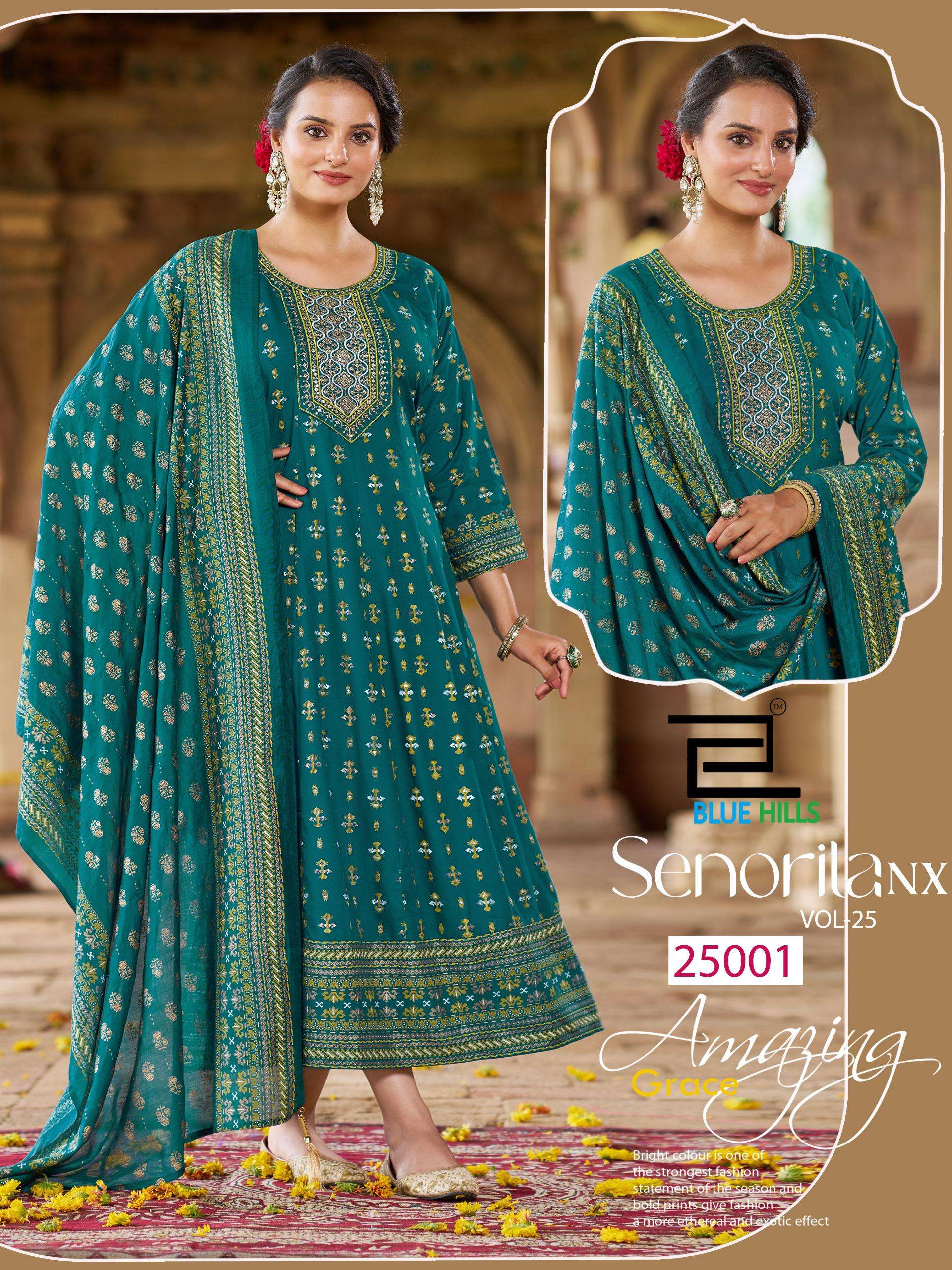BLUE HILLS SENORITA VOL 25	NX RAYON FOIL PRINT ANARKALI GOWN WITH DUPATTA SET 