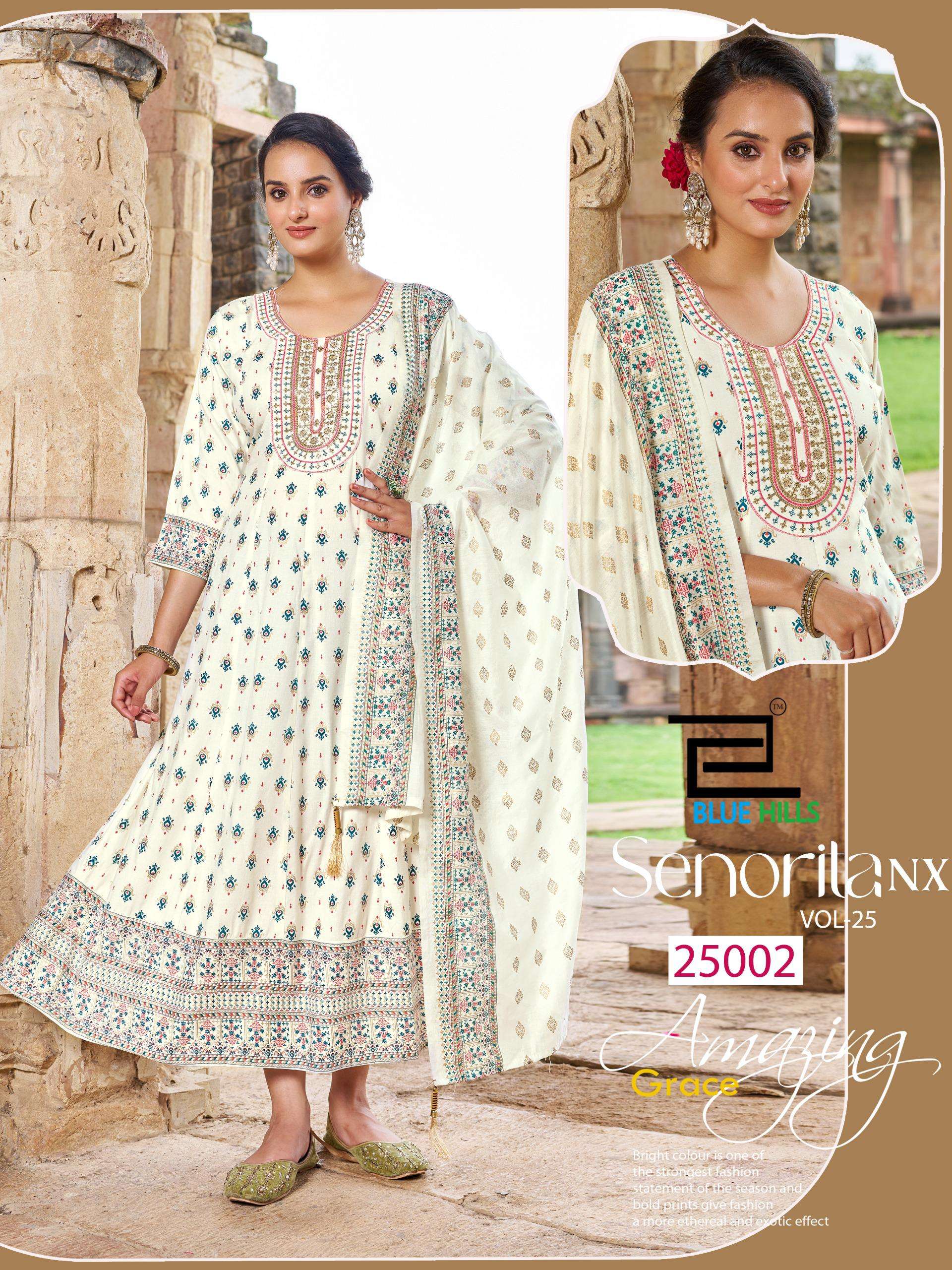 BLUE HILLS SENORITA VOL 25	NX RAYON FOIL PRINT ANARKALI GOWN WITH DUPATTA SET 