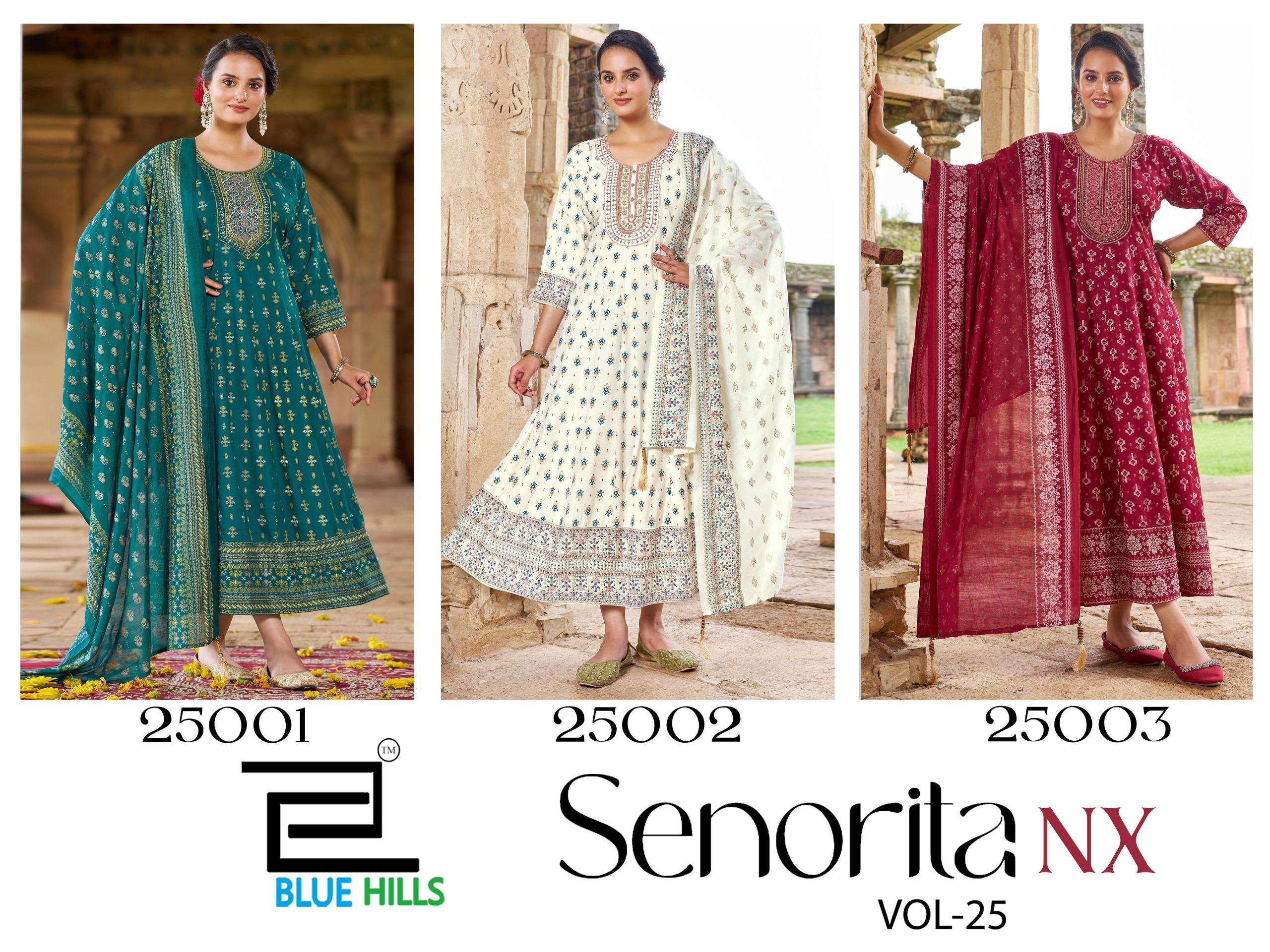 BLUE HILLS SENORITA VOL 25	NX RAYON FOIL PRINT ANARKALI GOWN WITH DUPATTA SET 