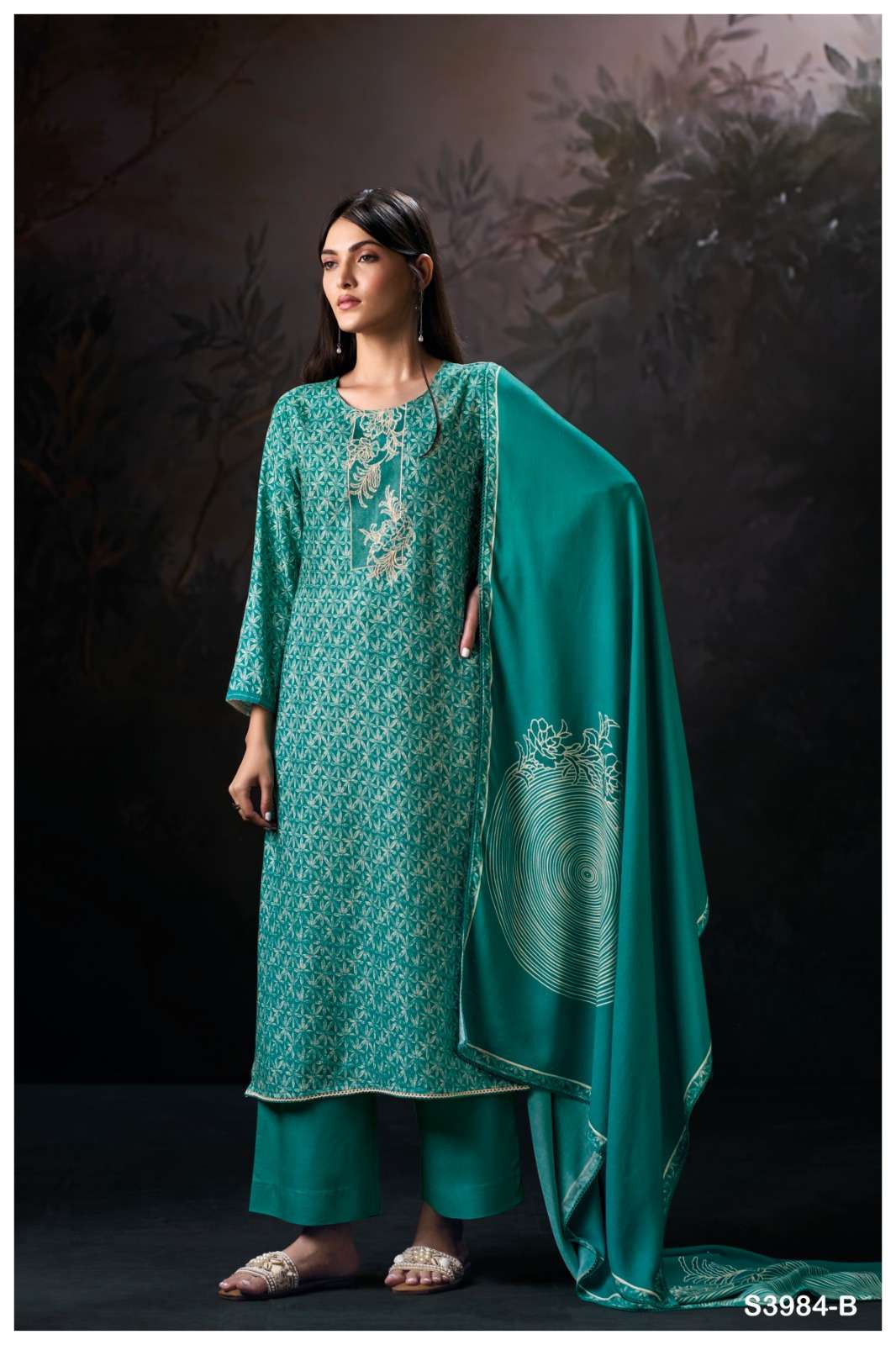 GANGA HALLIE 3984 PASHMINA PRINTED WITH EMBROIDERY DESIGNER WORK SUIT
