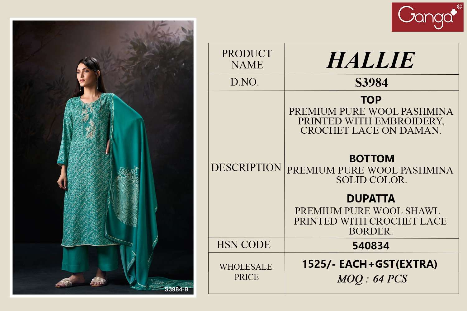 GANGA HALLIE 3984 PASHMINA PRINTED WITH EMBROIDERY DESIGNER WORK SUIT