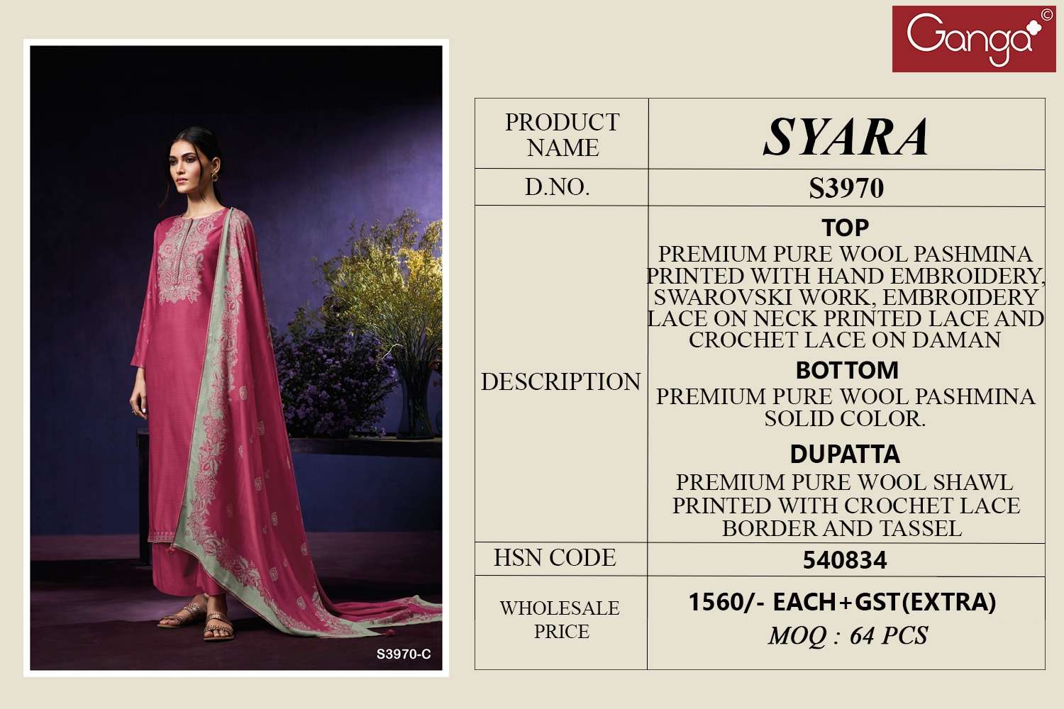 GANGA SYARA 3970 WOOLEN PASHMINA DESIGNER WORK WINTER WEAR SUIT