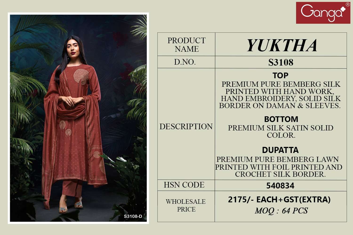 GANGA YUKTHA 3108 SILK PRINTED WITH EMBROIDERY DESIGNER WORK SUIT