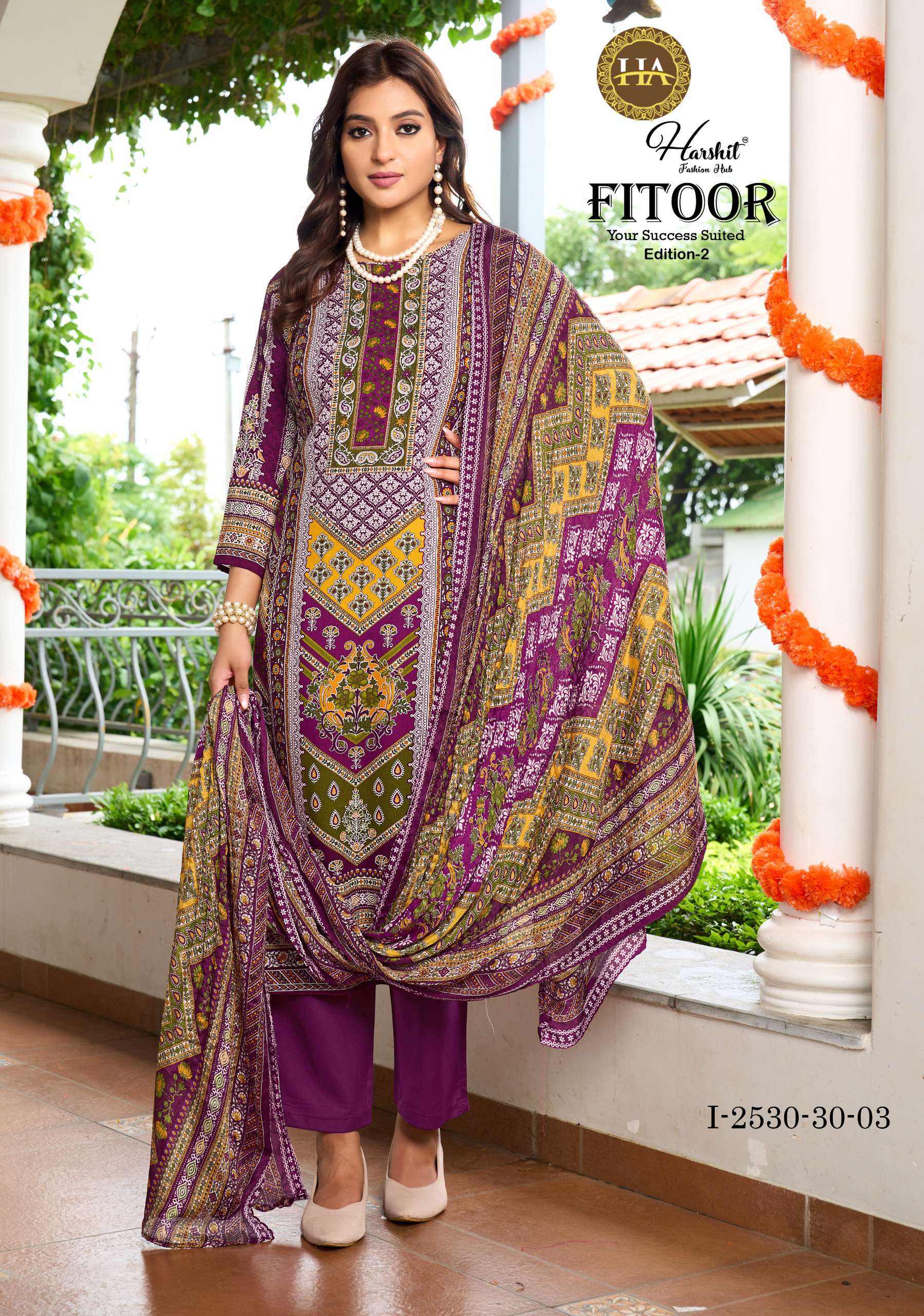 HARSHIT FASHION HUB FITOOR VOL 2 RAYON PRINT WITH WORK SUIT	