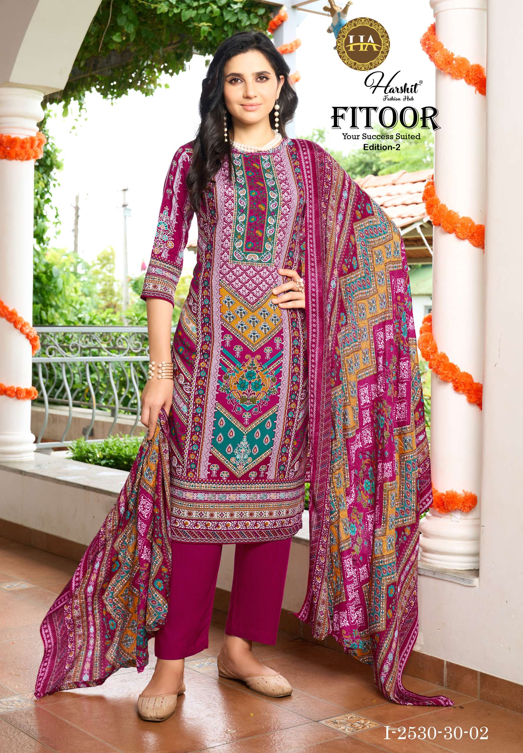 HARSHIT FASHION HUB FITOOR VOL 2 RAYON PRINT WITH WORK SUIT	