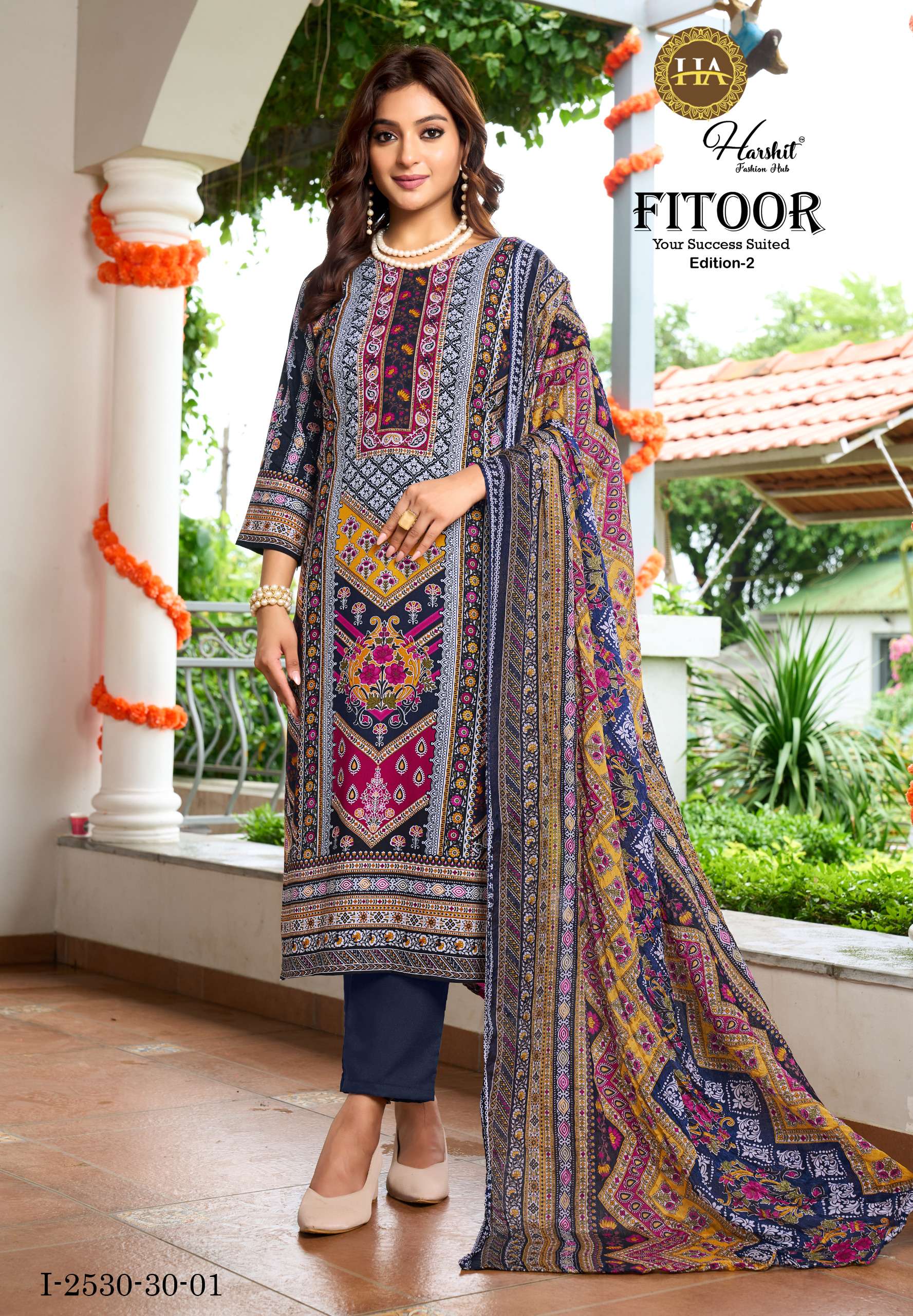 HARSHIT FASHION HUB FITOOR VOL 2 RAYON PRINT WITH WORK SUIT	