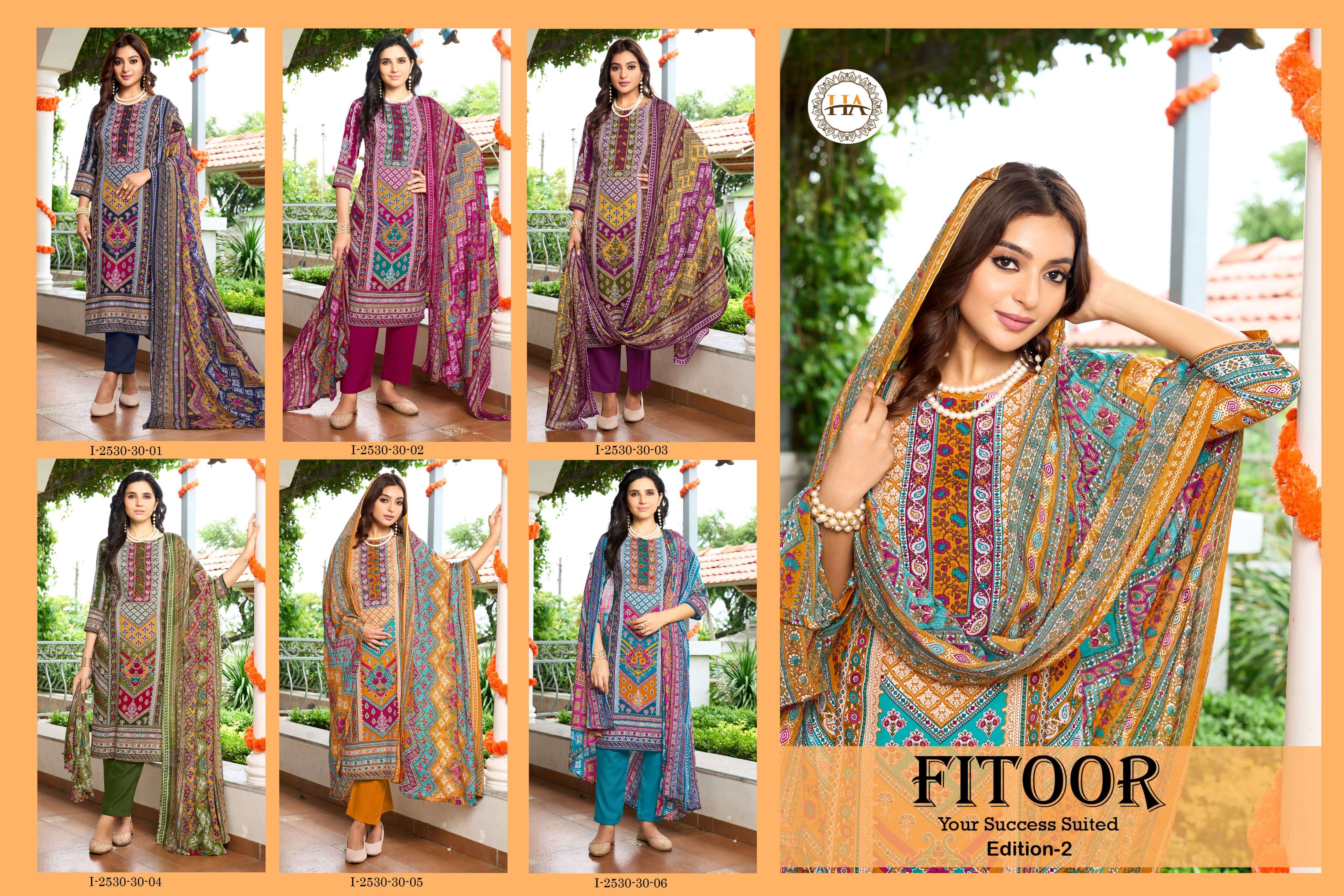 HARSHIT FASHION HUB FITOOR VOL 2 RAYON PRINT WITH WORK SUIT	