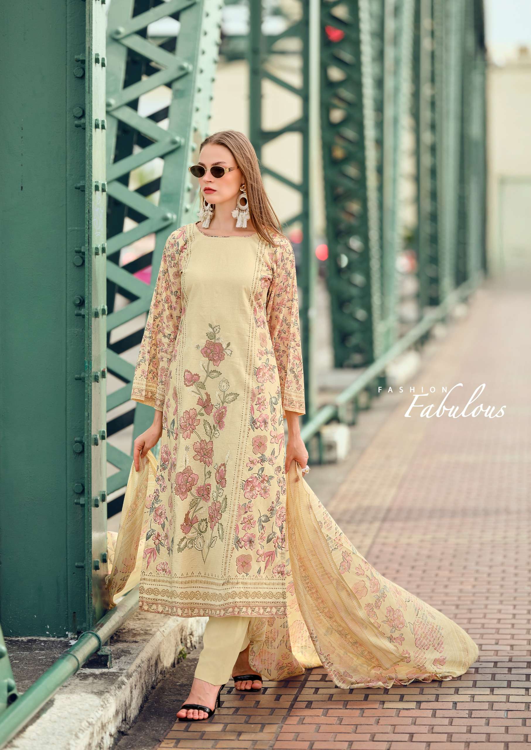HERMITAGE CLOTHING CASHMERE LAWN COTTON PRINT WITH FANCY WORK SUIT