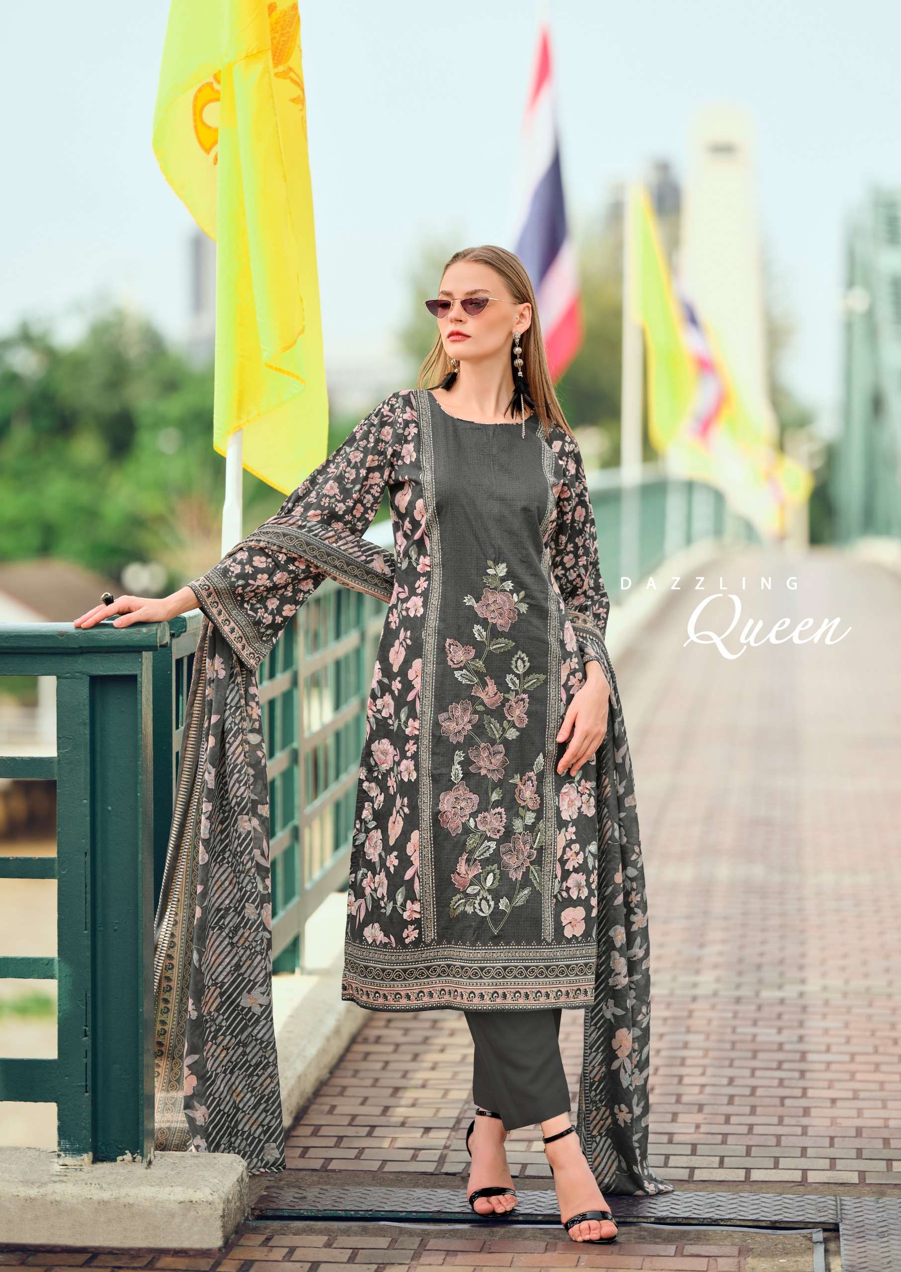 HERMITAGE CLOTHING CASHMERE LAWN COTTON PRINT WITH FANCY WORK SUIT