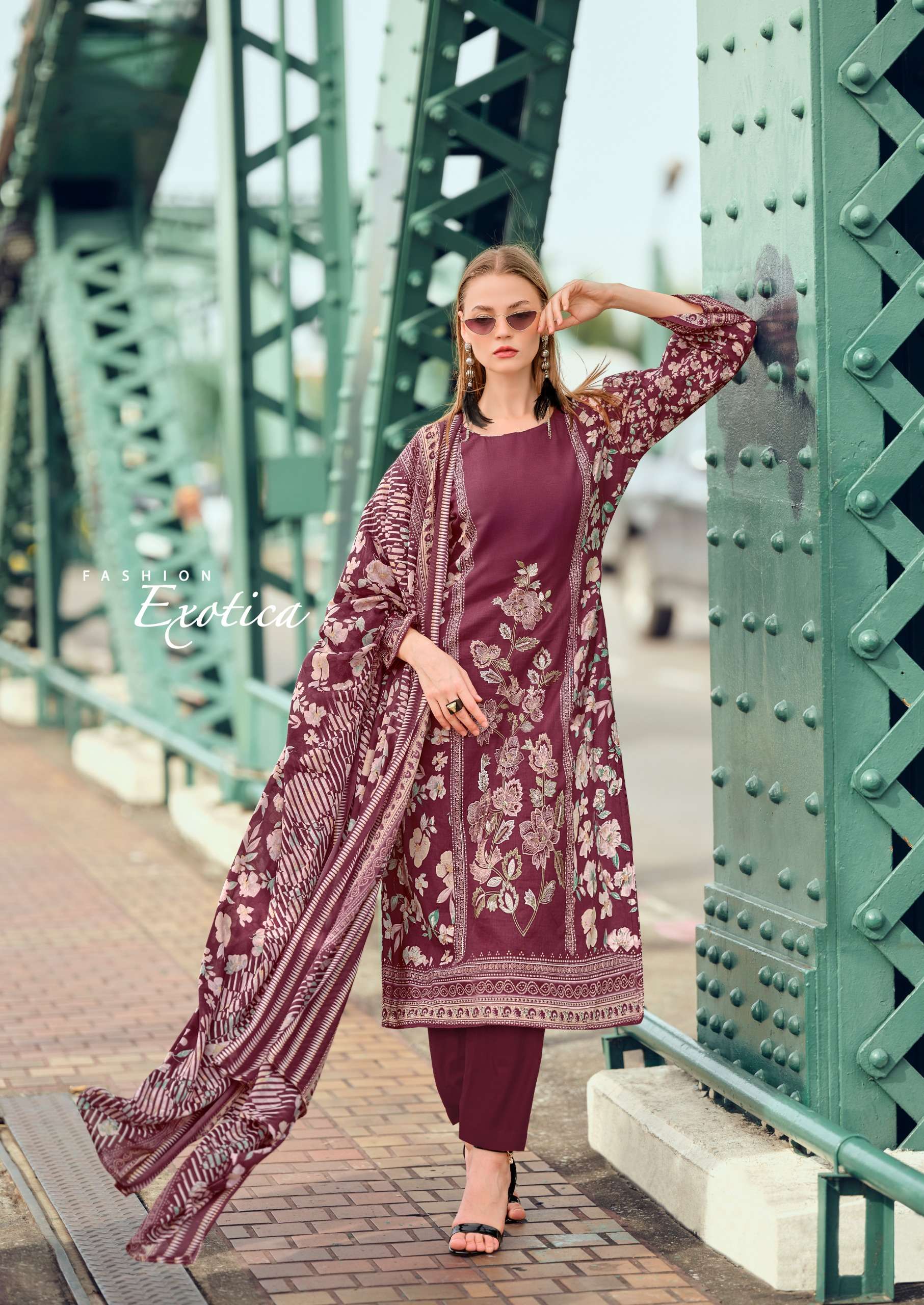 HERMITAGE CLOTHING CASHMERE LAWN COTTON PRINT WITH FANCY WORK SUIT