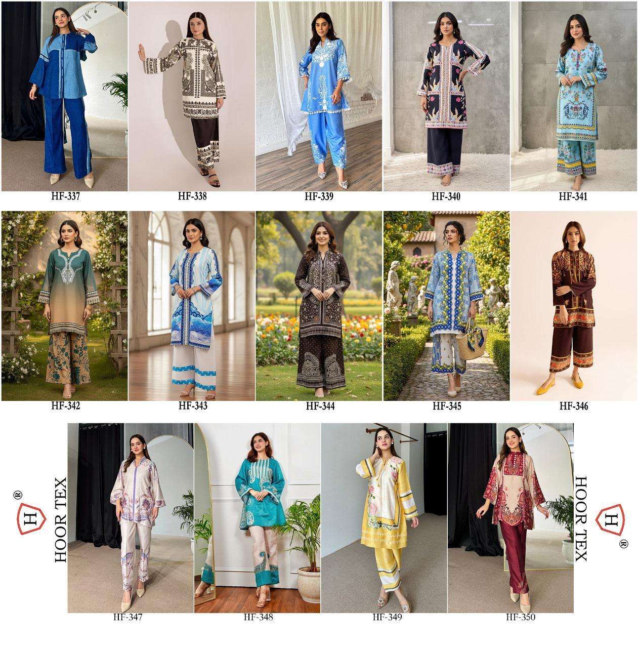 HOOR TEX HF 337 TO 350 DIGITAL PRINT SATIN LADIES PAKISTANI STYLE CO-ORD SET