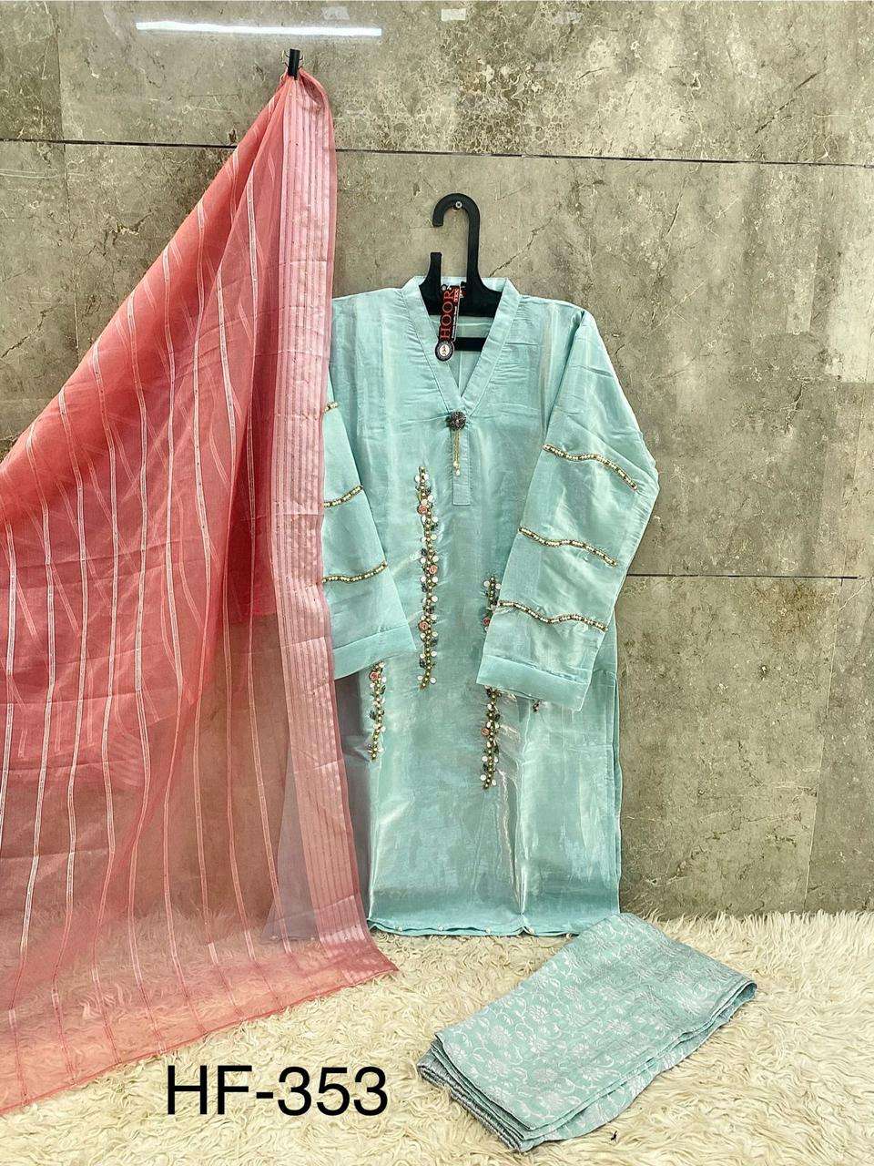 HOOR TEX HF 353 ORGANZA EMBROIDERY DESIGNER READY MADE PAKISTANI SUITS 