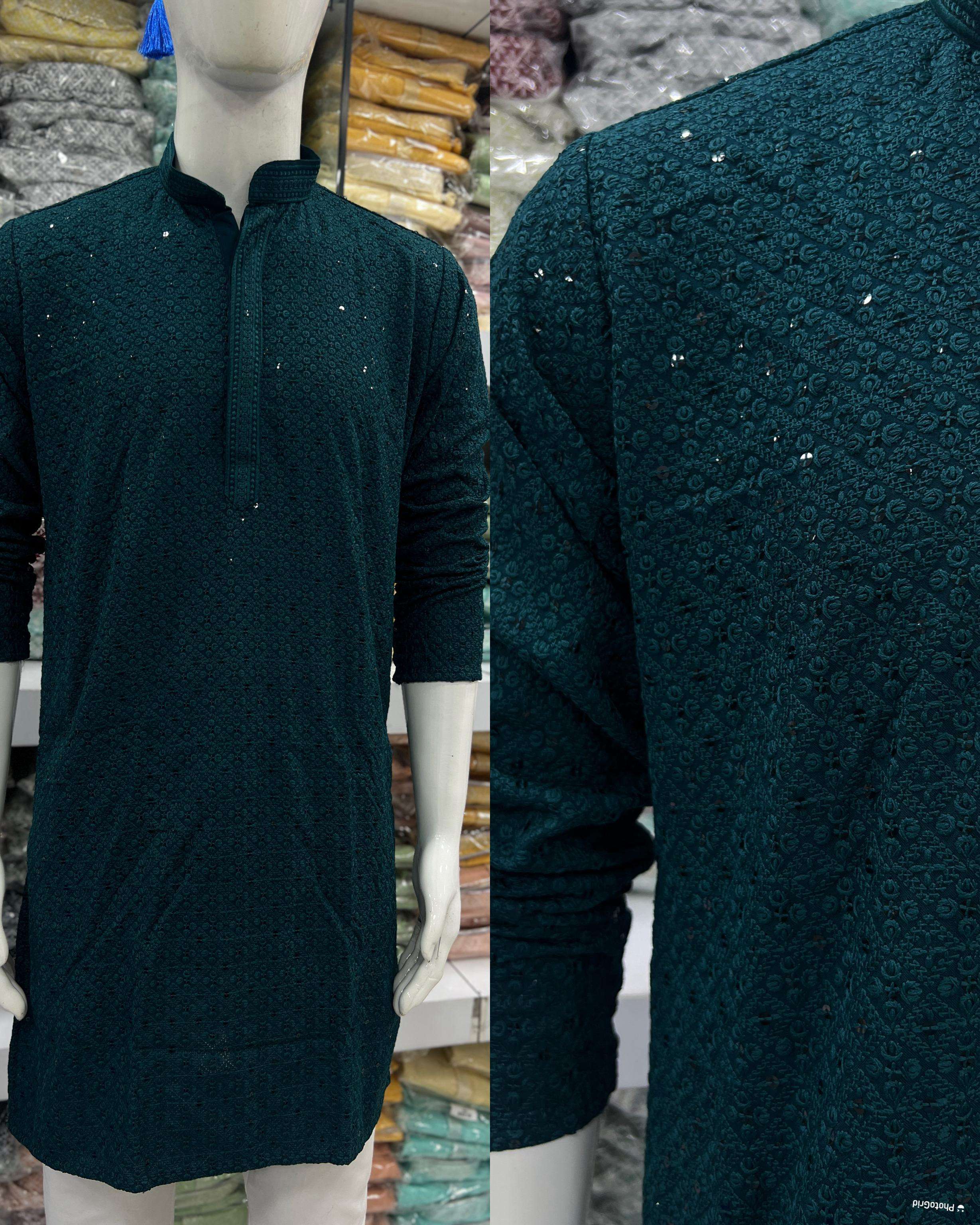 INLI DESI BOYZ RAYON CHIKANKARI WORK MENS TRADITIONAL WEAR KURTA WITH PYJAMA 