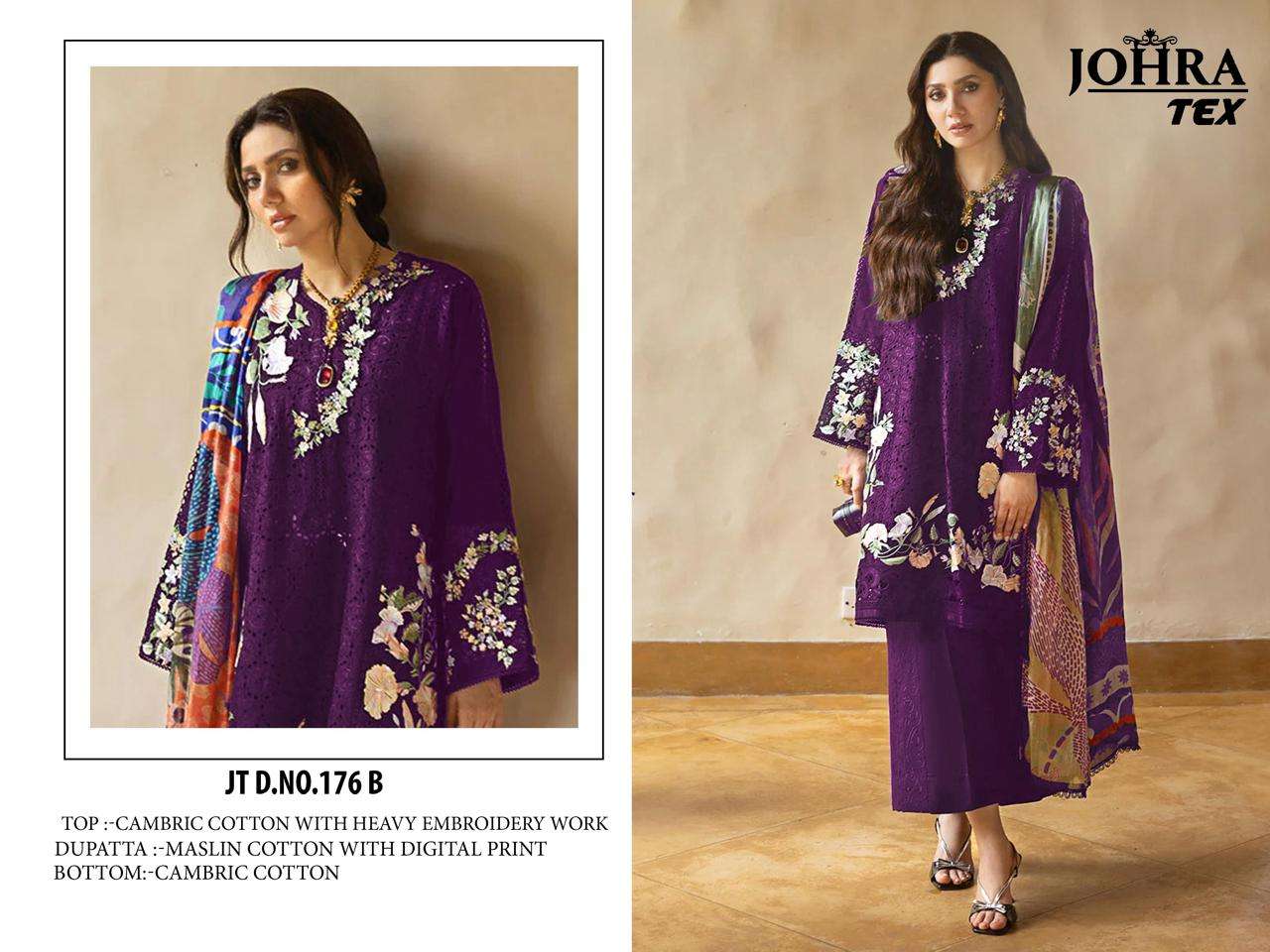 JOHRA TEX DESIGN NO - JT - 176 ABC CAMBRIC COTTON HEAVY EMBROIDERED WORK PAKISTANI SALWAR SUIT 