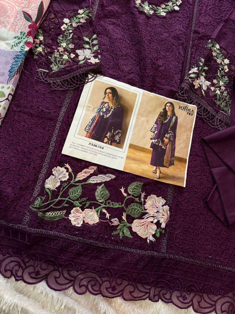 JOHRA TEX DESIGN NO - JT - 176 ABC CAMBRIC COTTON HEAVY EMBROIDERED WORK PAKISTANI SALWAR SUIT 