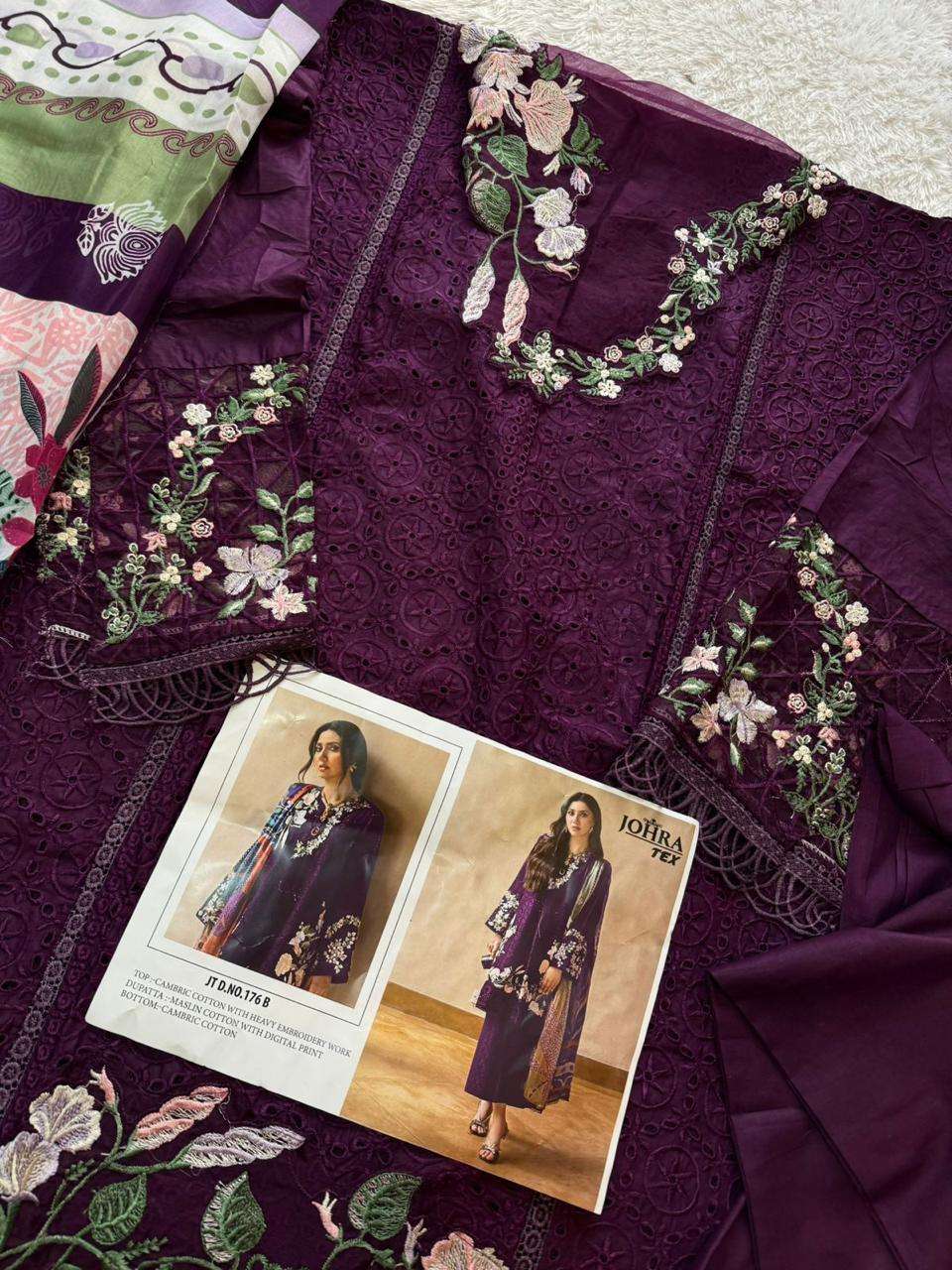 JOHRA TEX DESIGN NO - JT - 176 ABC CAMBRIC COTTON HEAVY EMBROIDERED WORK PAKISTANI SALWAR SUIT 