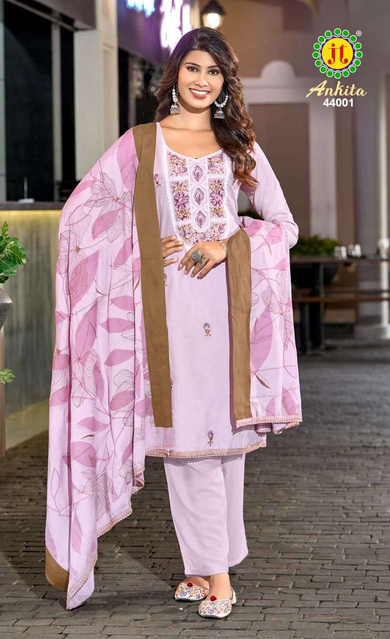 JT ANKITA VOL 44 RAYON PRINT WITH FANCY WORK SUIT
