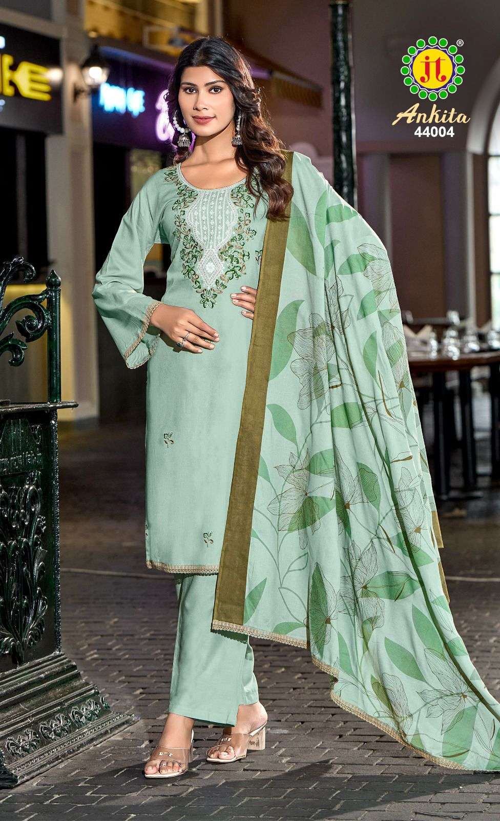 JT ANKITA VOL 44 RAYON PRINT WITH FANCY WORK SUIT