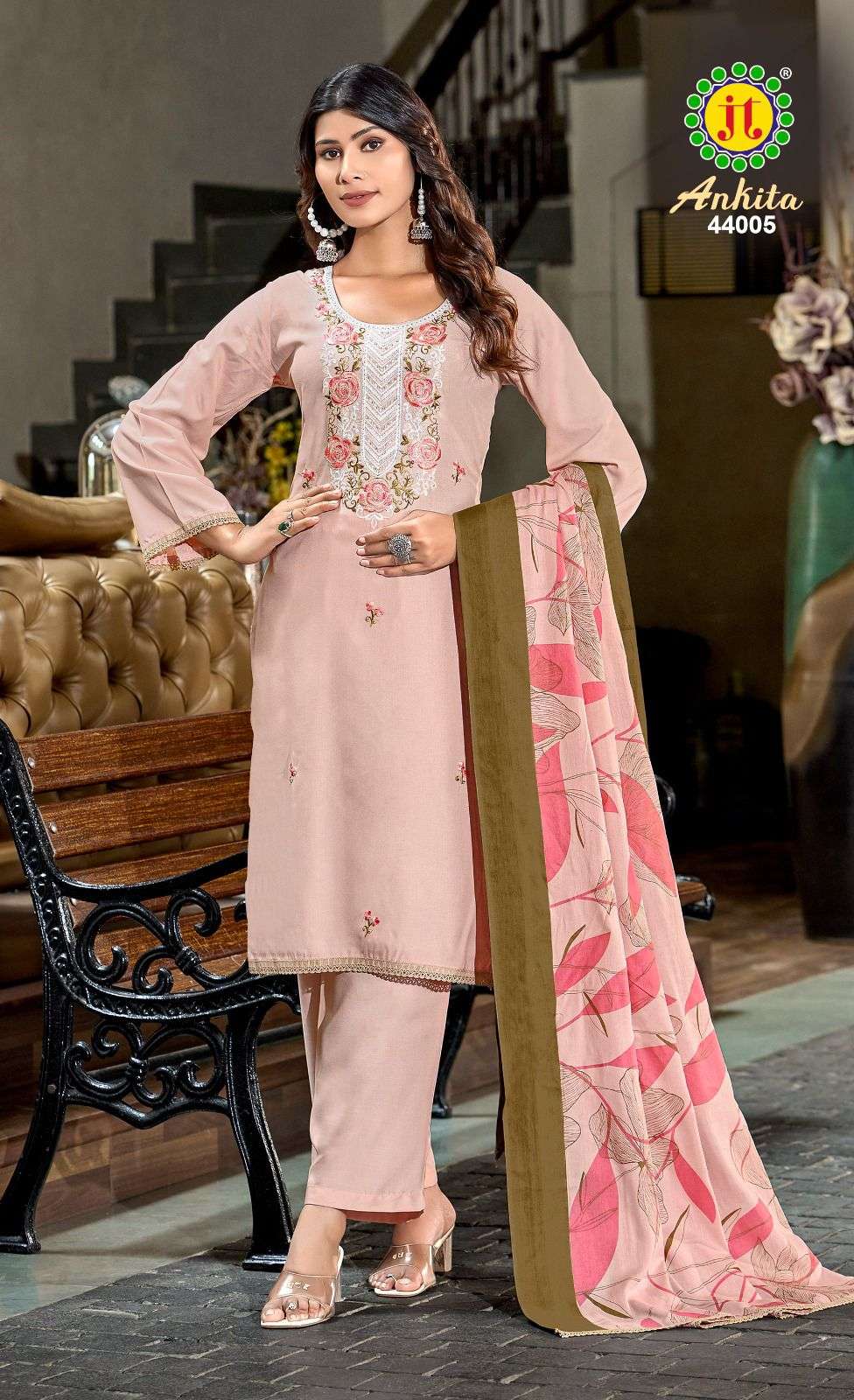JT ANKITA VOL 44 RAYON PRINT WITH FANCY WORK SUIT