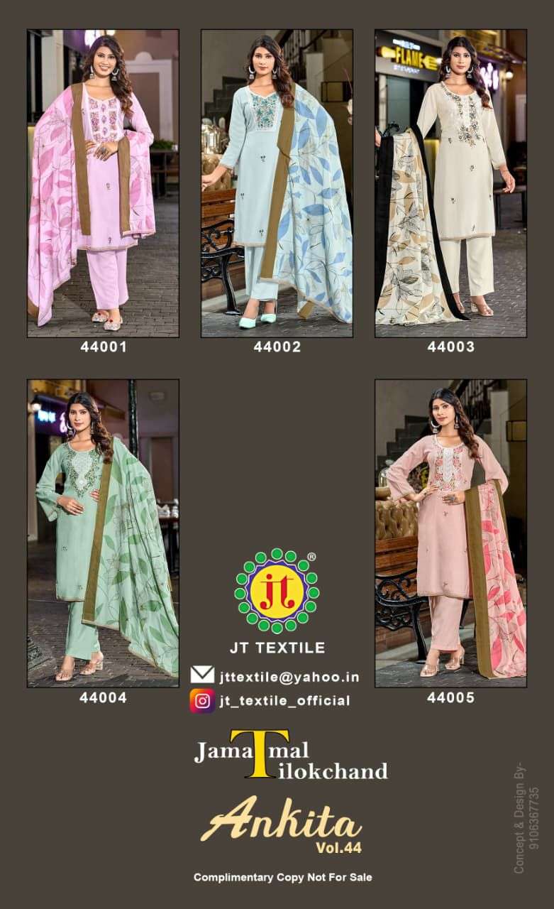 JT ANKITA VOL 44 RAYON PRINT WITH FANCY WORK SUIT