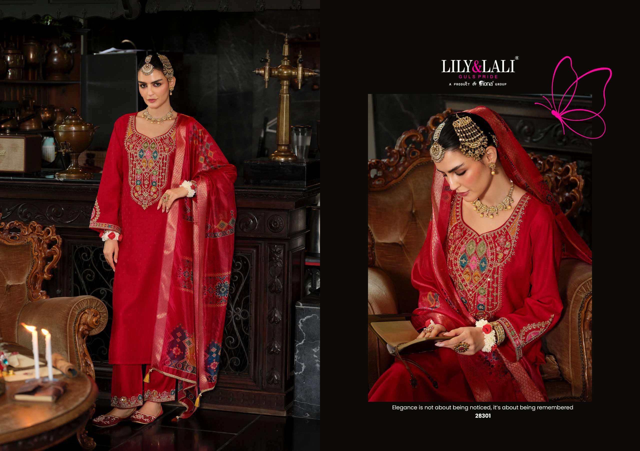LILY AND LALI SINDOOR VISCOSE SILK DESIGNER WORK READY MADE SUIT