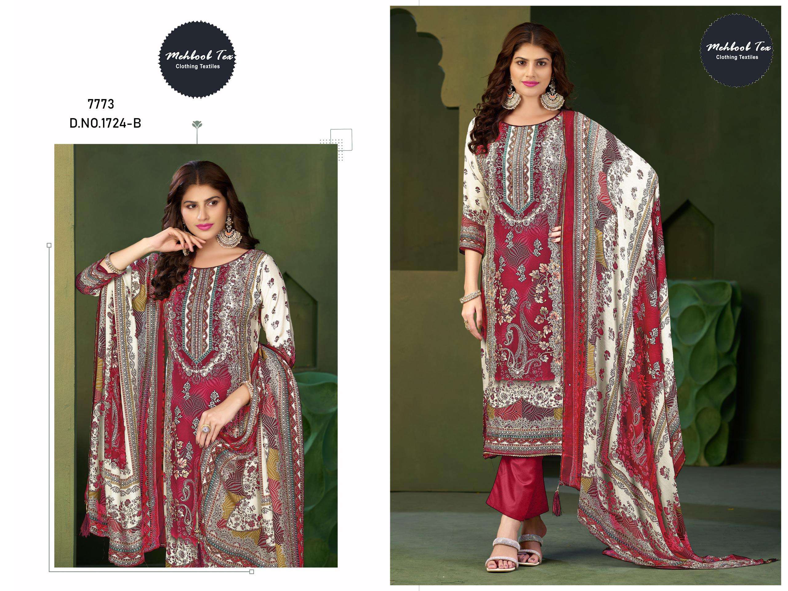 MEHBOOB TEX DESIGN NO - 1724 ABCD PURE VISCOSE MUSLIN DIGITAL PRINT AARI HANDWORK PAKISTANI SUIT
