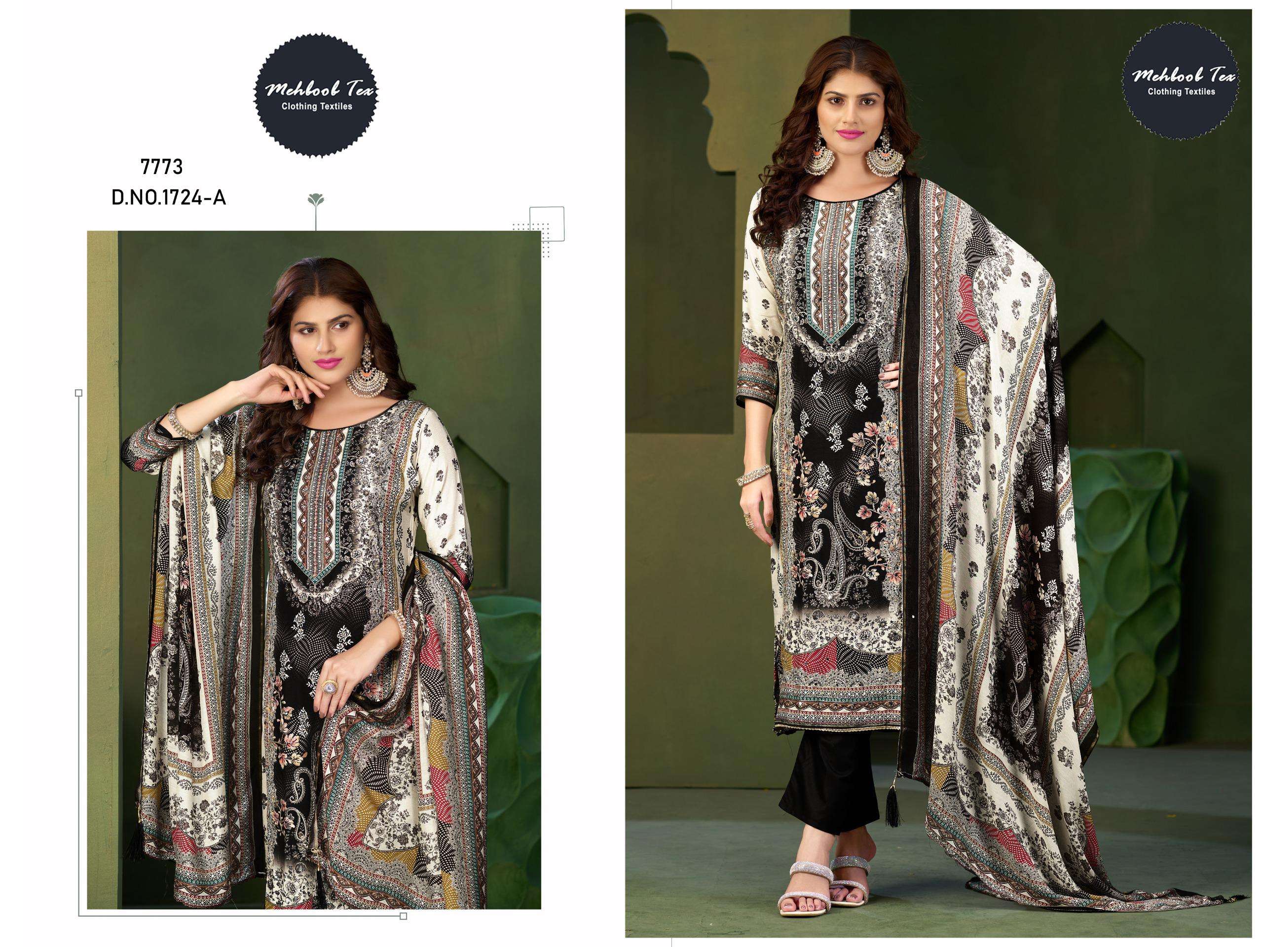 MEHBOOB TEX DESIGN NO - 1724 ABCD PURE VISCOSE MUSLIN DIGITAL PRINT AARI HANDWORK PAKISTANI SUIT
