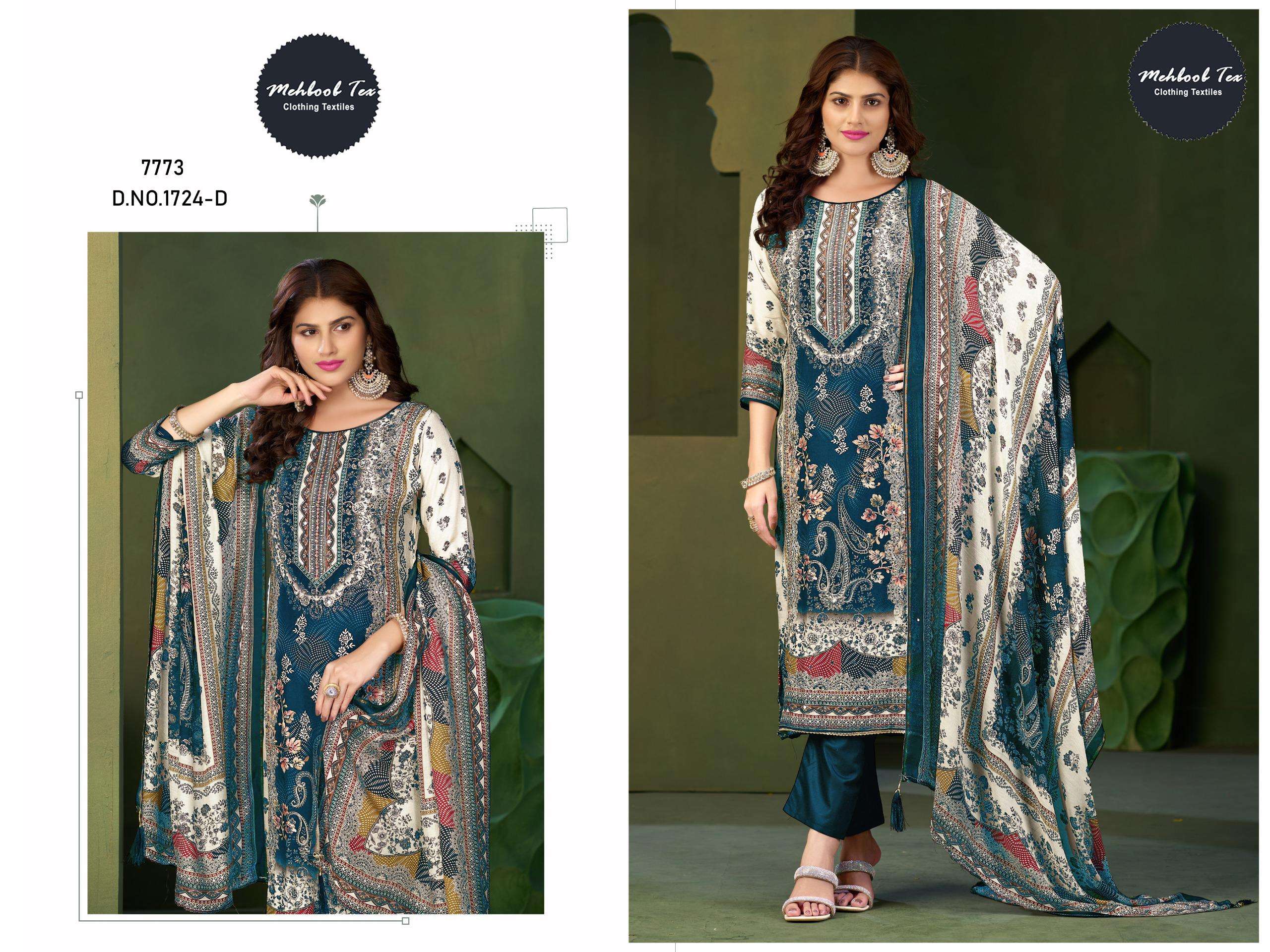 MEHBOOB TEX DESIGN NO - 1724 ABCD PURE VISCOSE MUSLIN DIGITAL PRINT AARI HANDWORK PAKISTANI SUIT