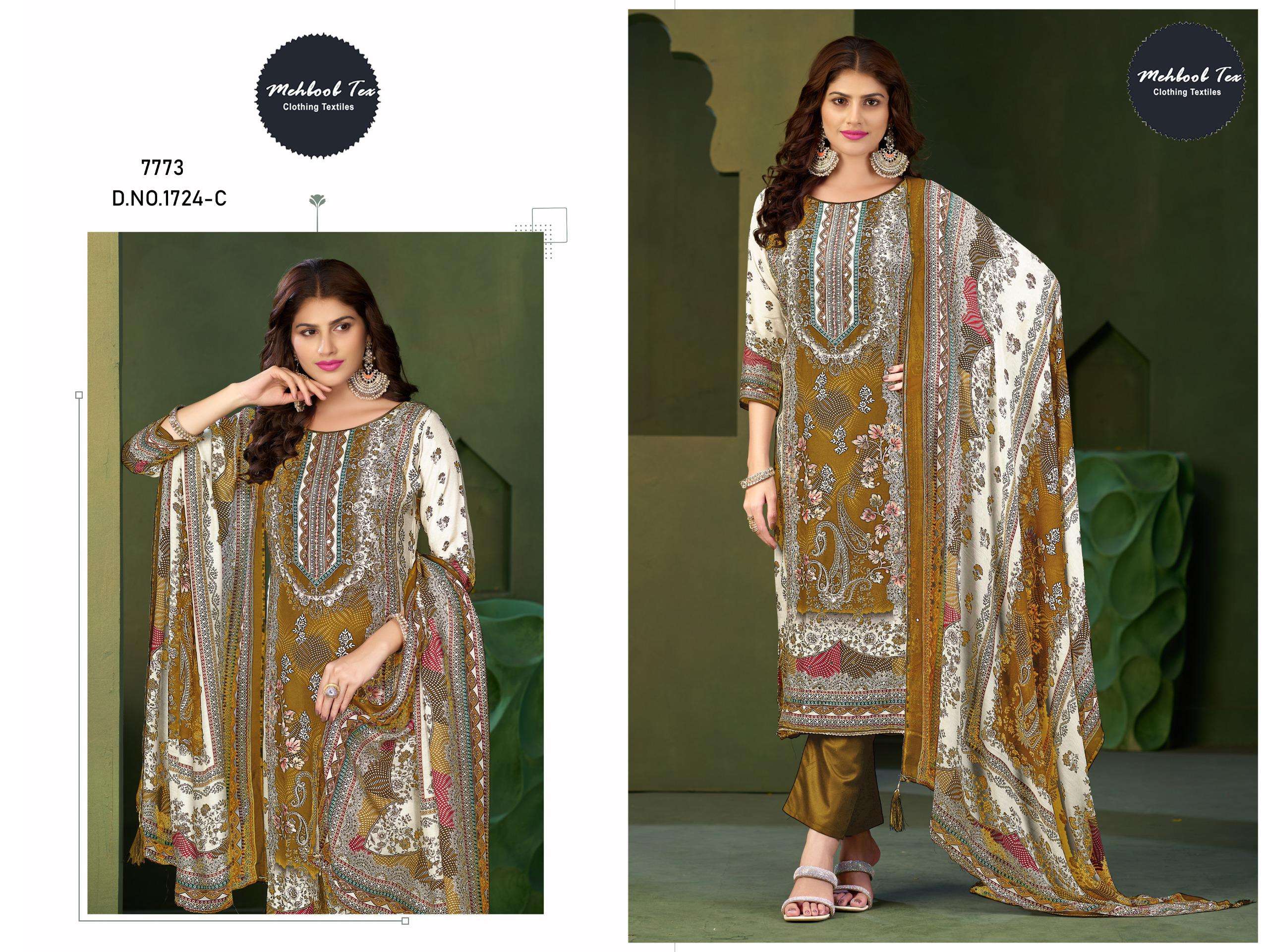 MEHBOOB TEX DESIGN NO - 1724 ABCD PURE VISCOSE MUSLIN DIGITAL PRINT AARI HANDWORK PAKISTANI SUIT