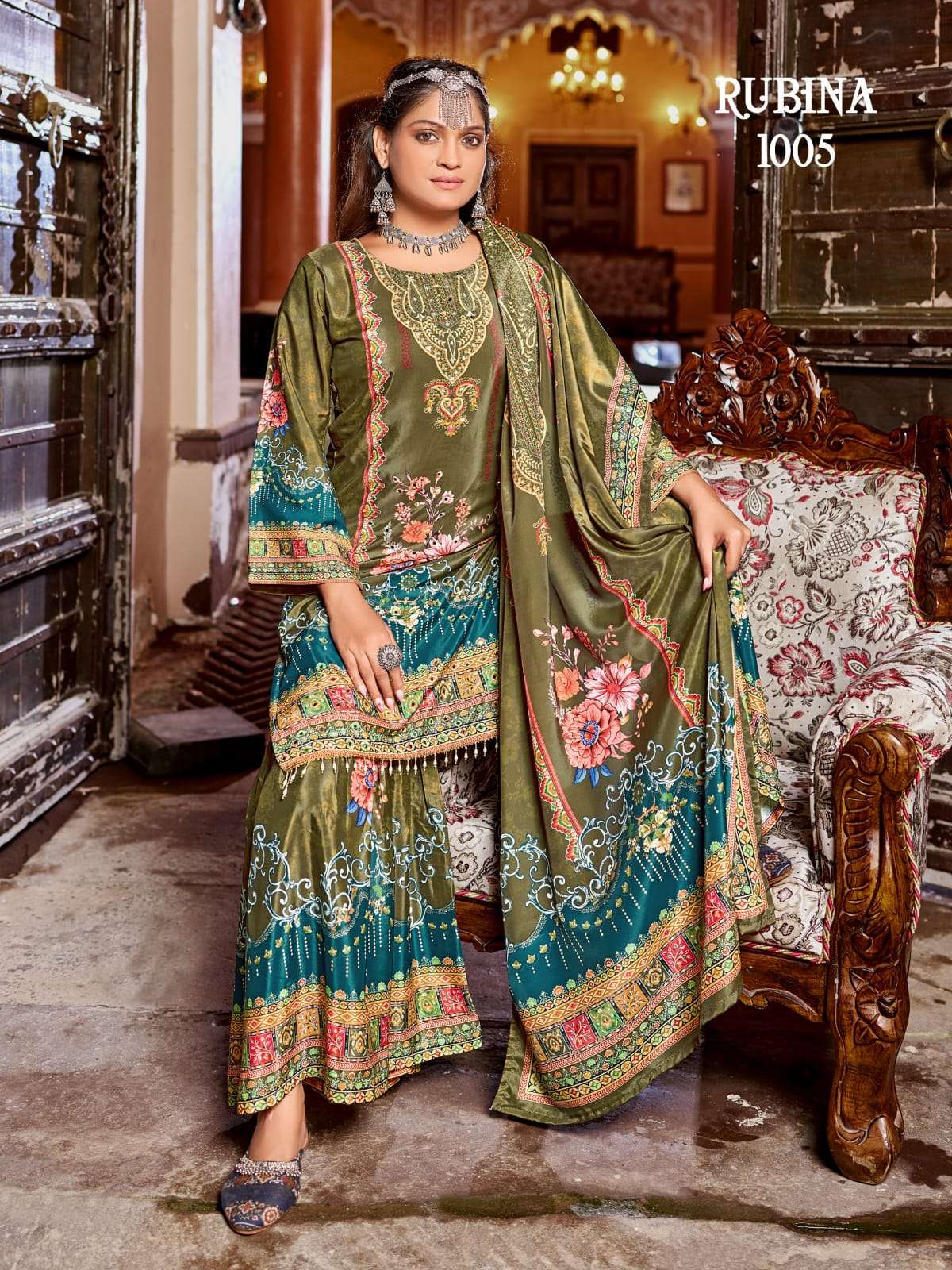 MUKESH RUBINA SILK DIGITAL PRINT WITH DESIGNER WORK READY MADE LADIES SUIT
