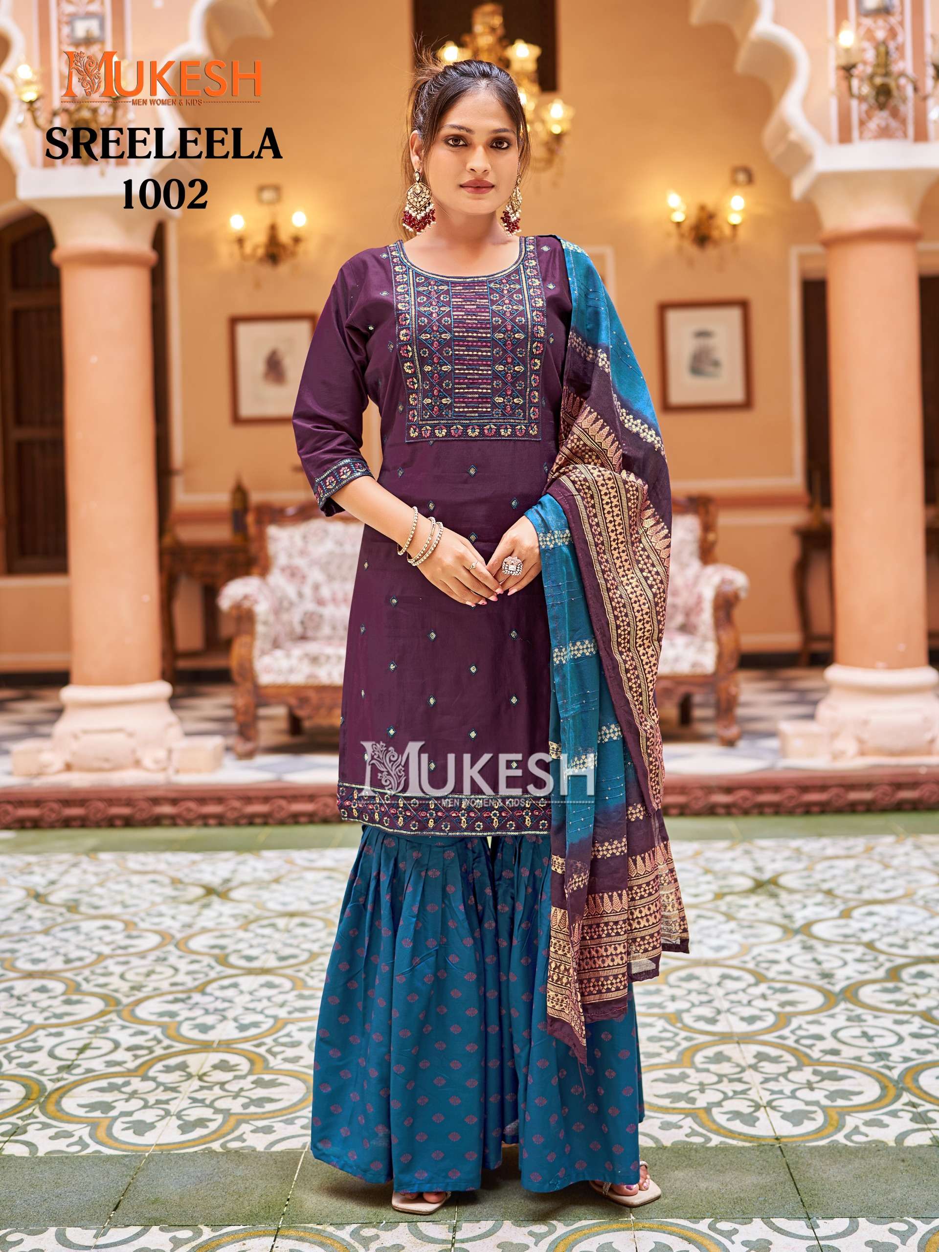 MUKESH SREE LEELA SILK WITH DESIGNER READY MADE SHARARA SUIT