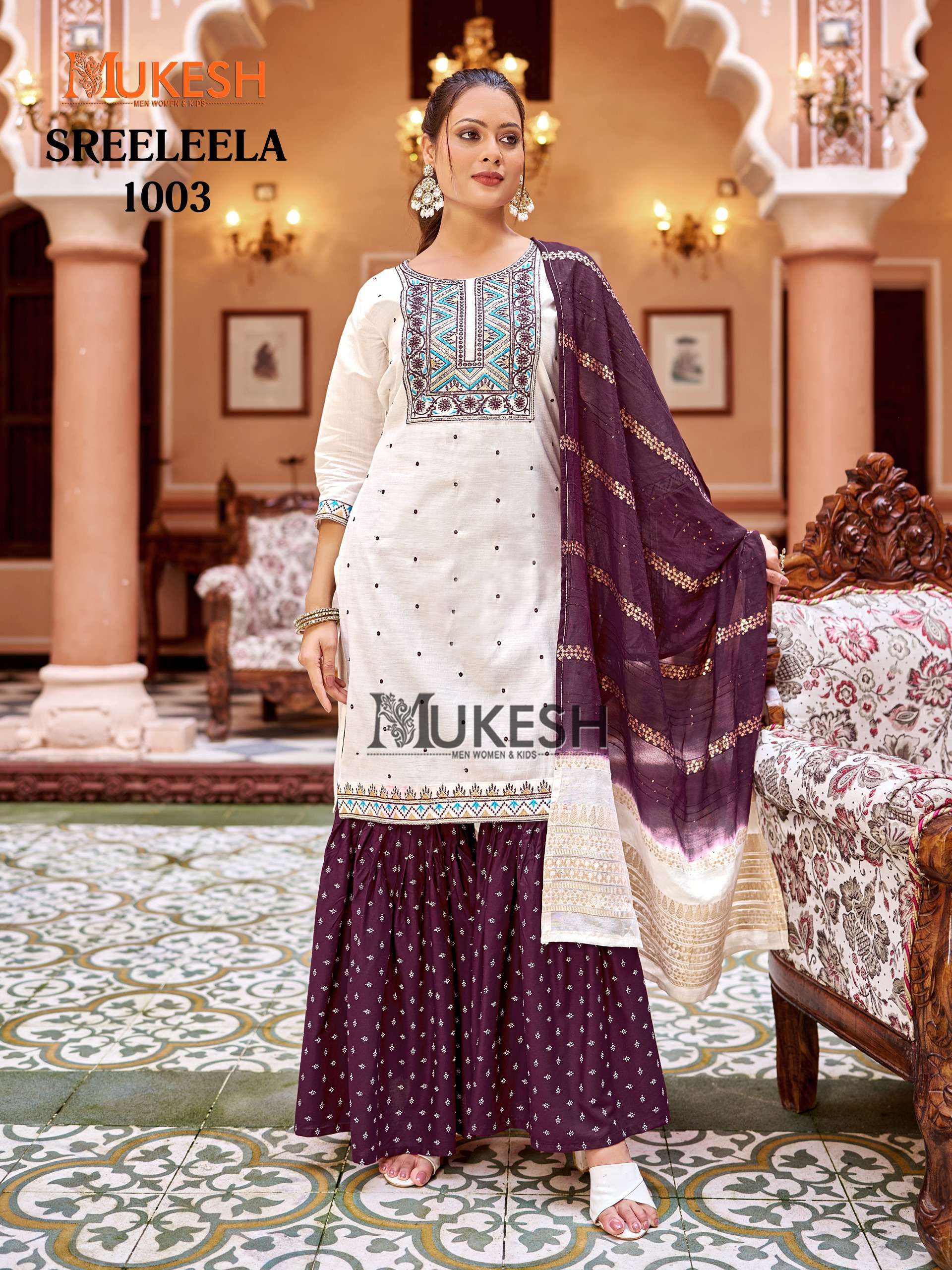 MUKESH SREE LEELA SILK WITH DESIGNER READY MADE SHARARA SUIT