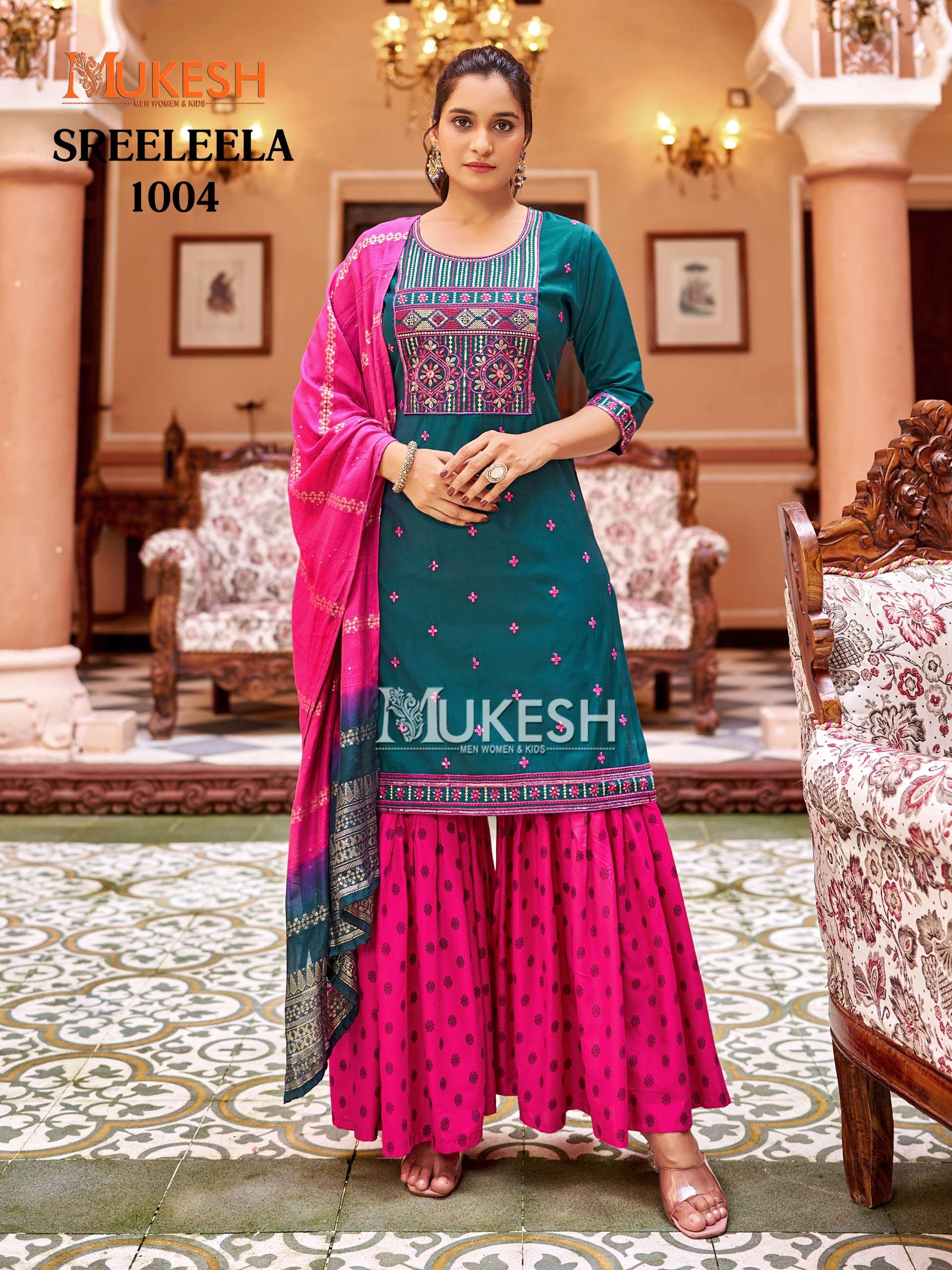 MUKESH SREE LEELA SILK WITH DESIGNER READY MADE SHARARA SUIT