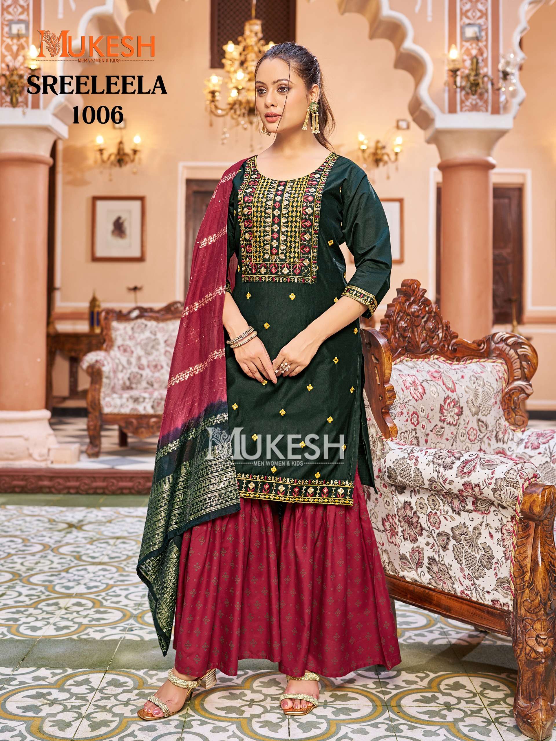 MUKESH SREE LEELA SILK WITH DESIGNER READY MADE SHARARA SUIT