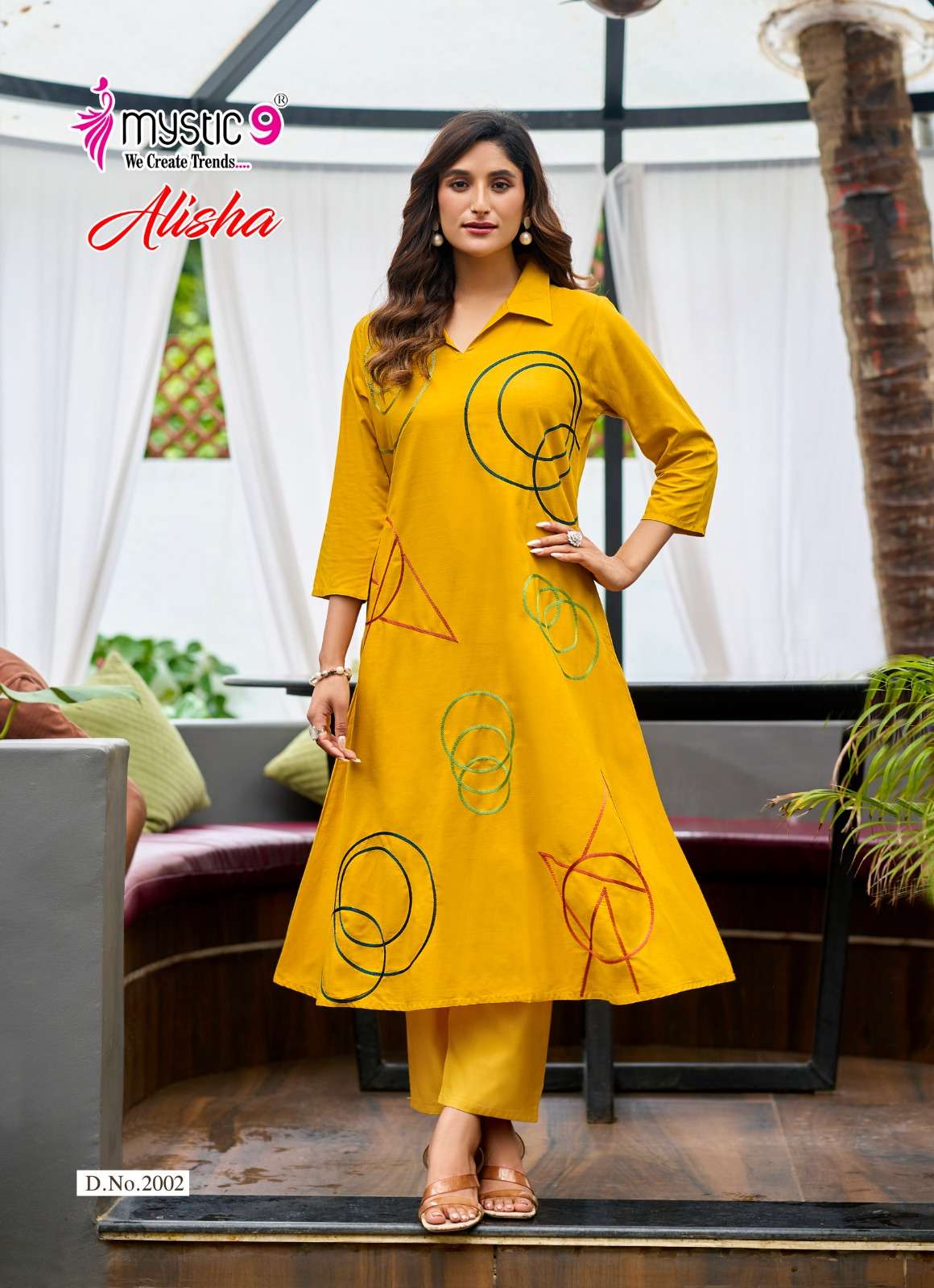 MYSTIC 9 ALISHA VOL 2 RAYON FANCY WORKS A LINE STYLE KURTI WITH BOTTOM PAIRS