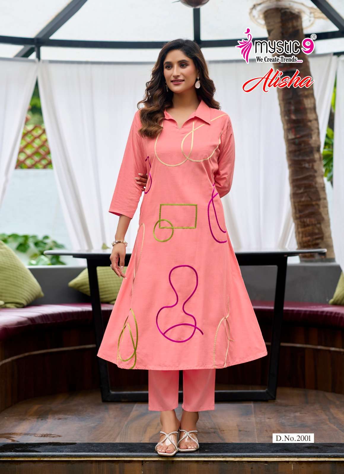 MYSTIC 9 ALISHA VOL 2 RAYON FANCY WORKS A LINE STYLE KURTI WITH BOTTOM PAIRS
