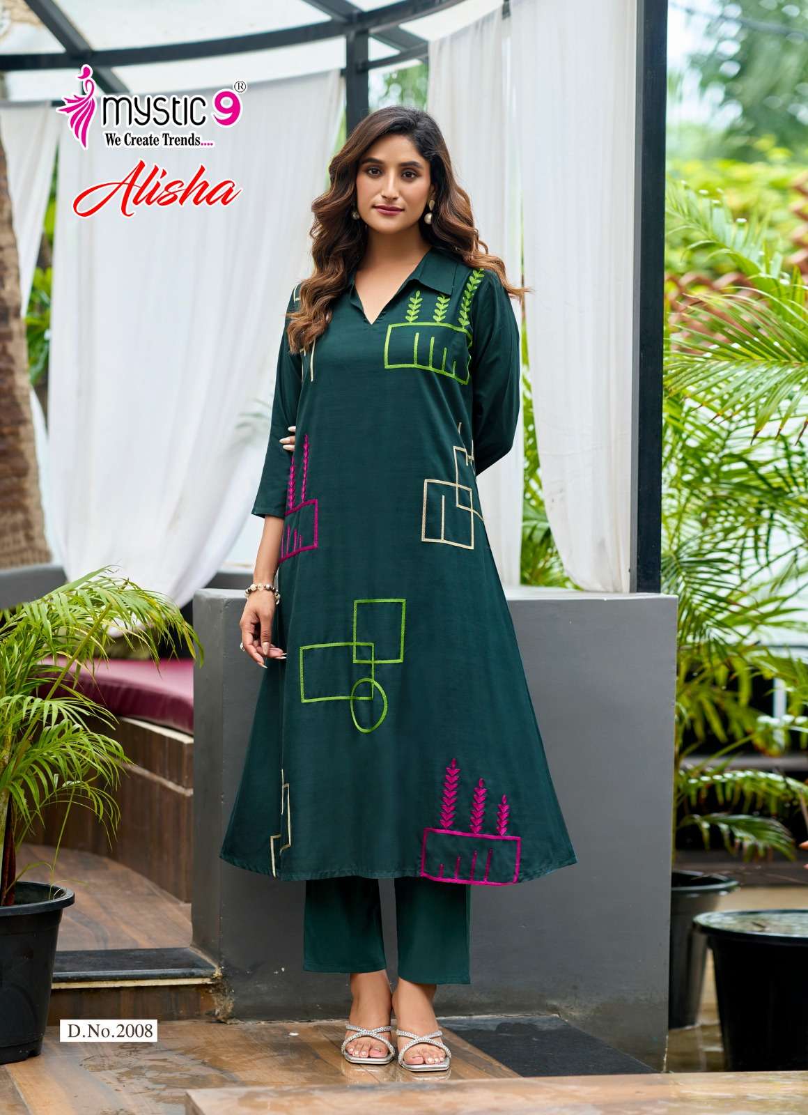 MYSTIC 9 ALISHA VOL 2 RAYON FANCY WORKS A LINE STYLE KURTI WITH BOTTOM PAIRS