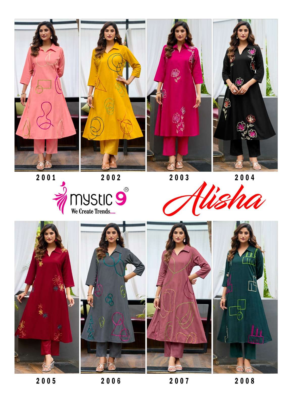 MYSTIC 9 ALISHA VOL 2 RAYON FANCY WORKS A LINE STYLE KURTI WITH BOTTOM PAIRS