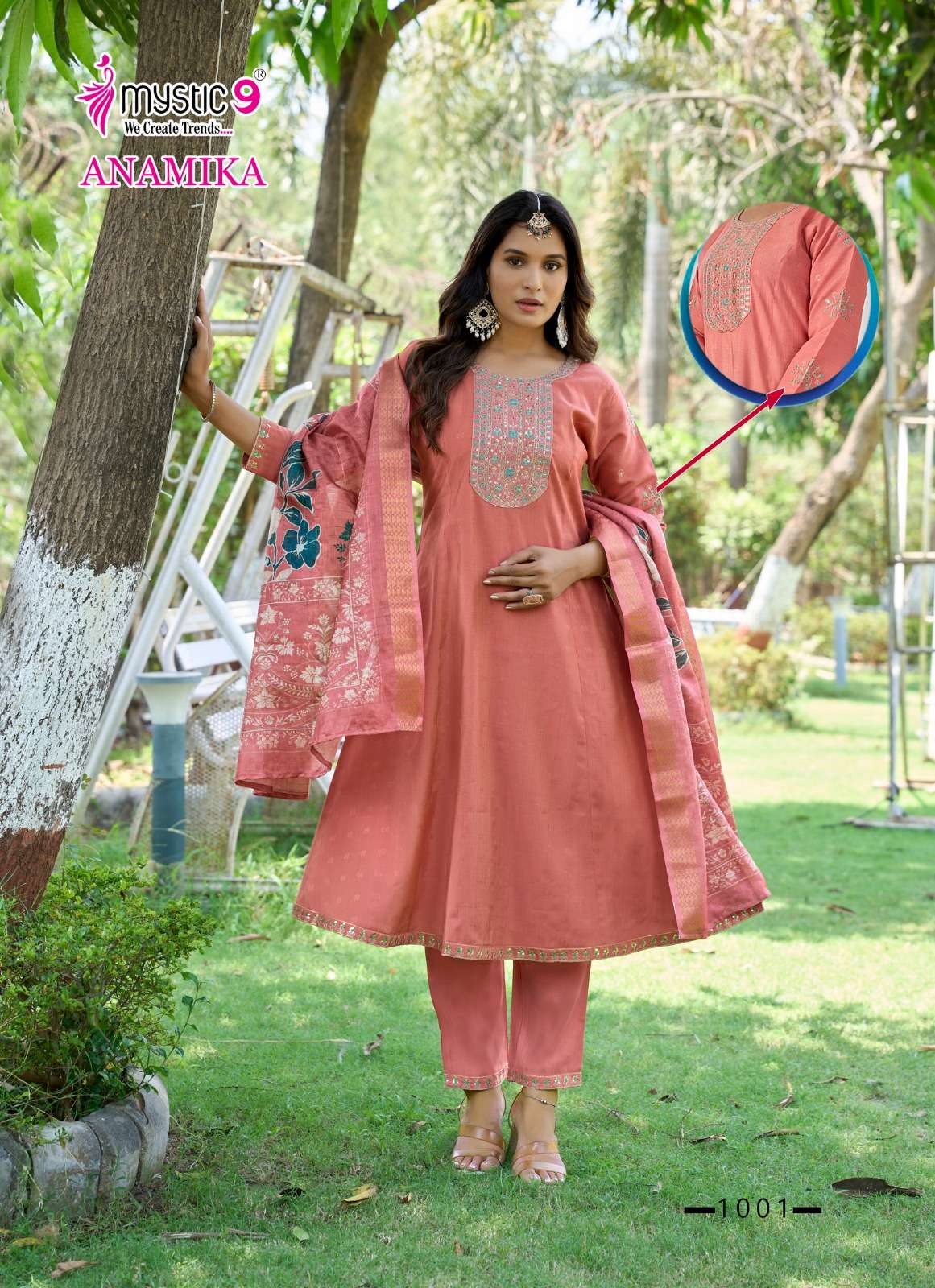 MYSTIC 9 ANAMIKA VOL 1 A LINE CUT PATTERN LADIES KURTI BOTTOM AND DUPATTA SET 