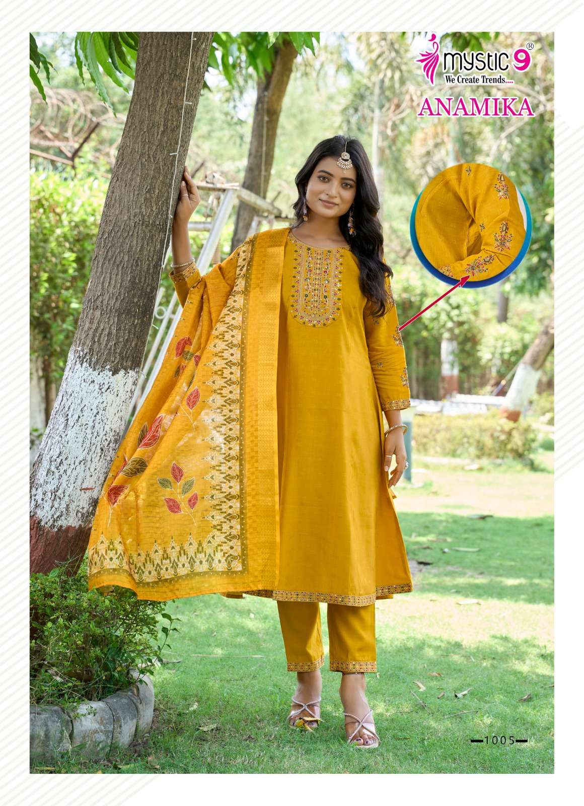 MYSTIC 9 ANAMIKA VOL 1 A LINE CUT PATTERN LADIES KURTI BOTTOM AND DUPATTA SET 