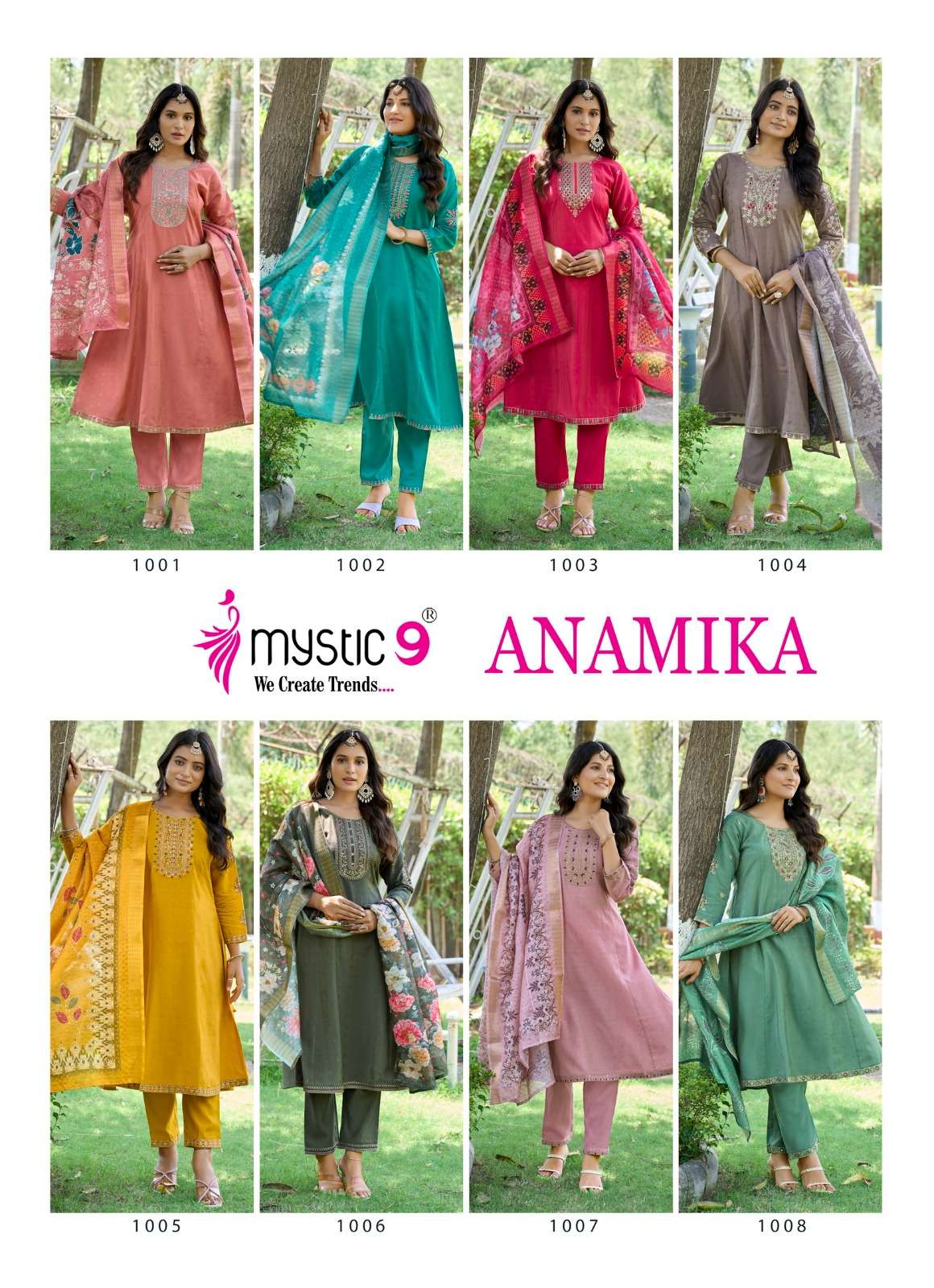 MYSTIC 9 ANAMIKA VOL 1 A LINE CUT PATTERN LADIES KURTI BOTTOM AND DUPATTA SET 